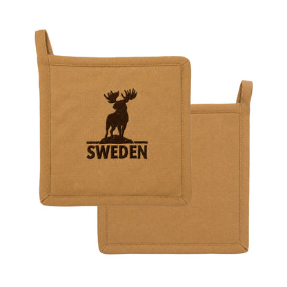 Beige grytlapp med älgmotiv och texten "Sweden". Baksidan är beige utan motiv.