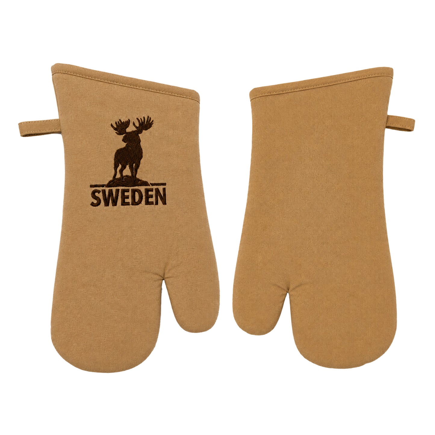 Beige grytvante med älgmotiv och texten "Sweden". Baksidan är beige utan motiv.