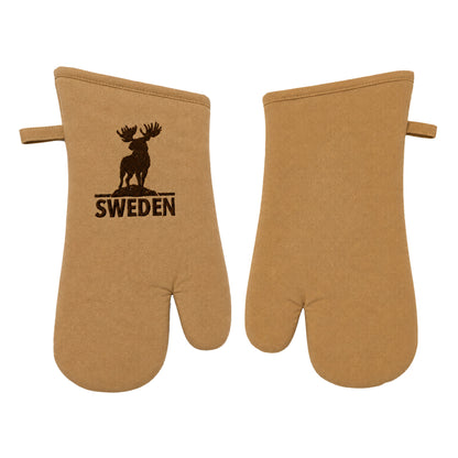 Beige grytvante med älgmotiv och texten "Sweden". Baksidan är beige utan motiv.