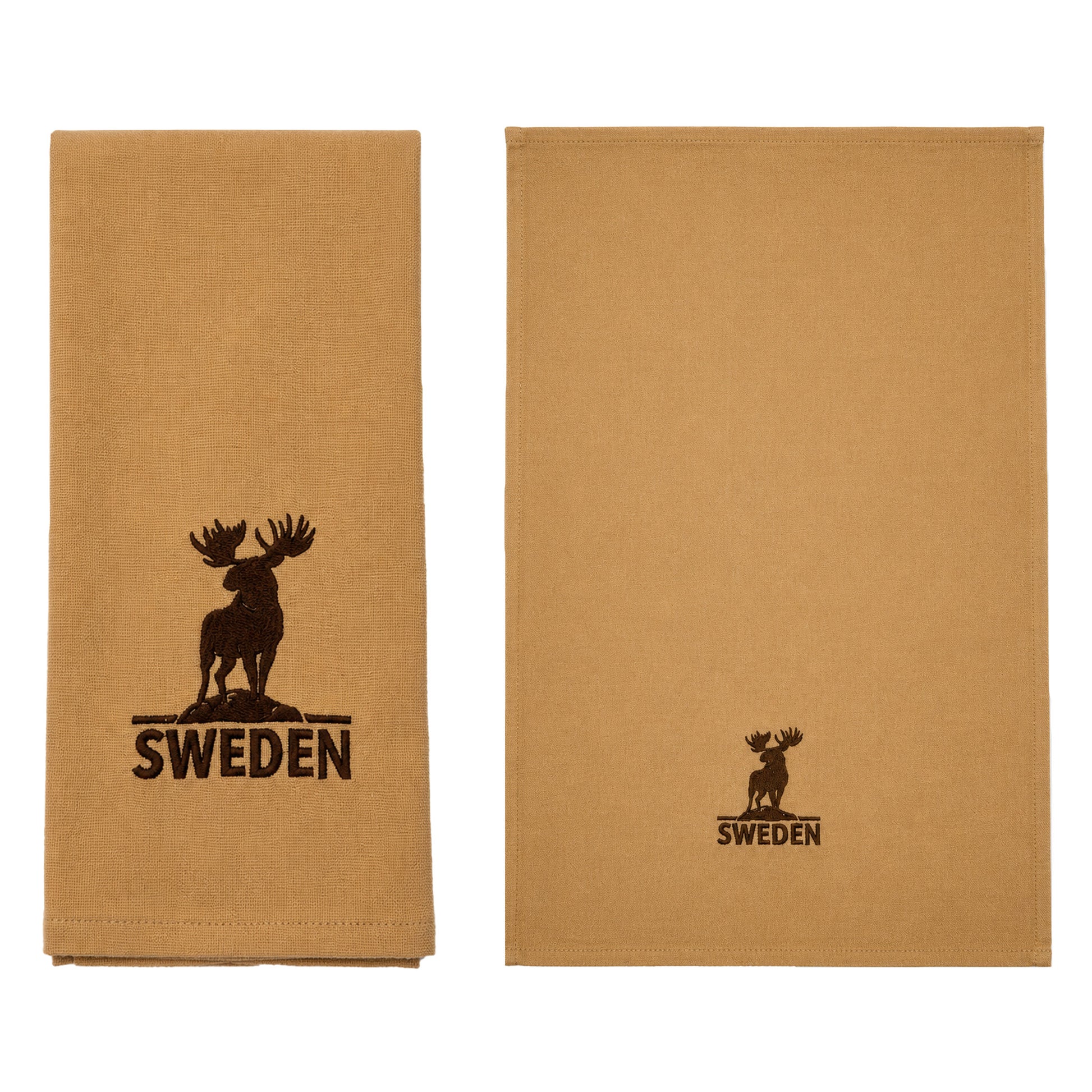 Beige kökshandduk med älgmotiv och texten "Sweden". Baksidan är beige utan motiv.