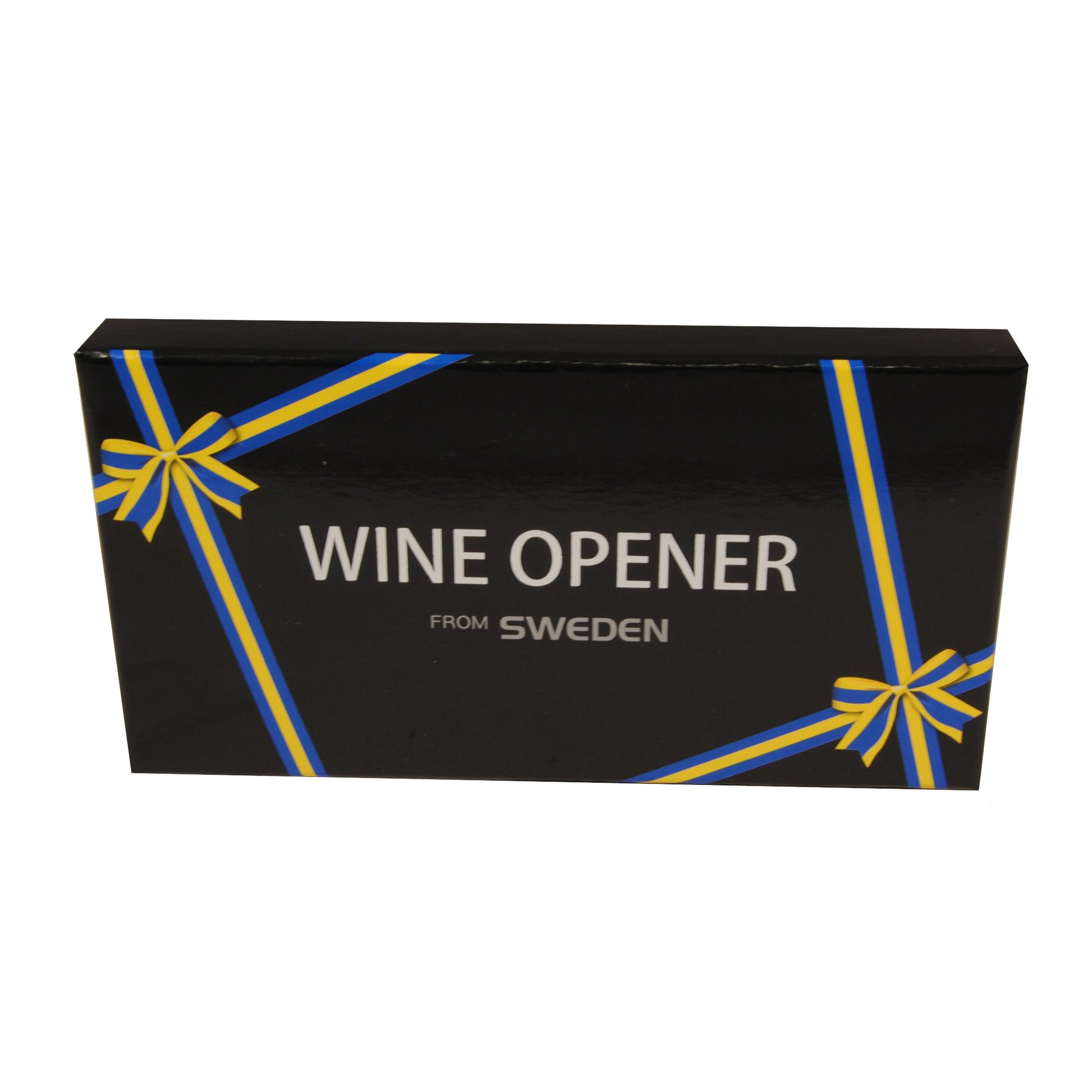 Svart presentask med blågula band och rosetter, med texten "Wine Opener from Sweden" i silver.