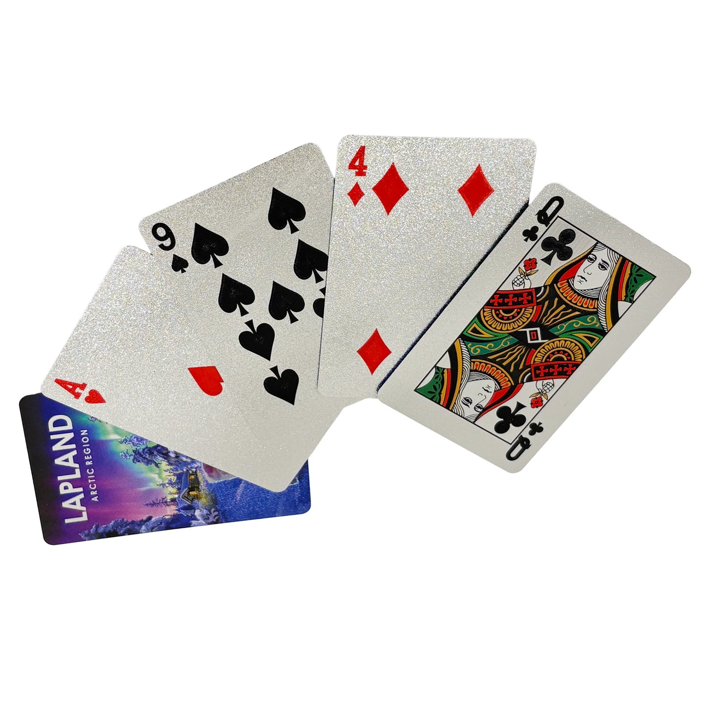 Fem spelkort från kortleken Lapland, ett med baksidan synlig med samma renmotiv som på asken, övriga visar olika valörer.