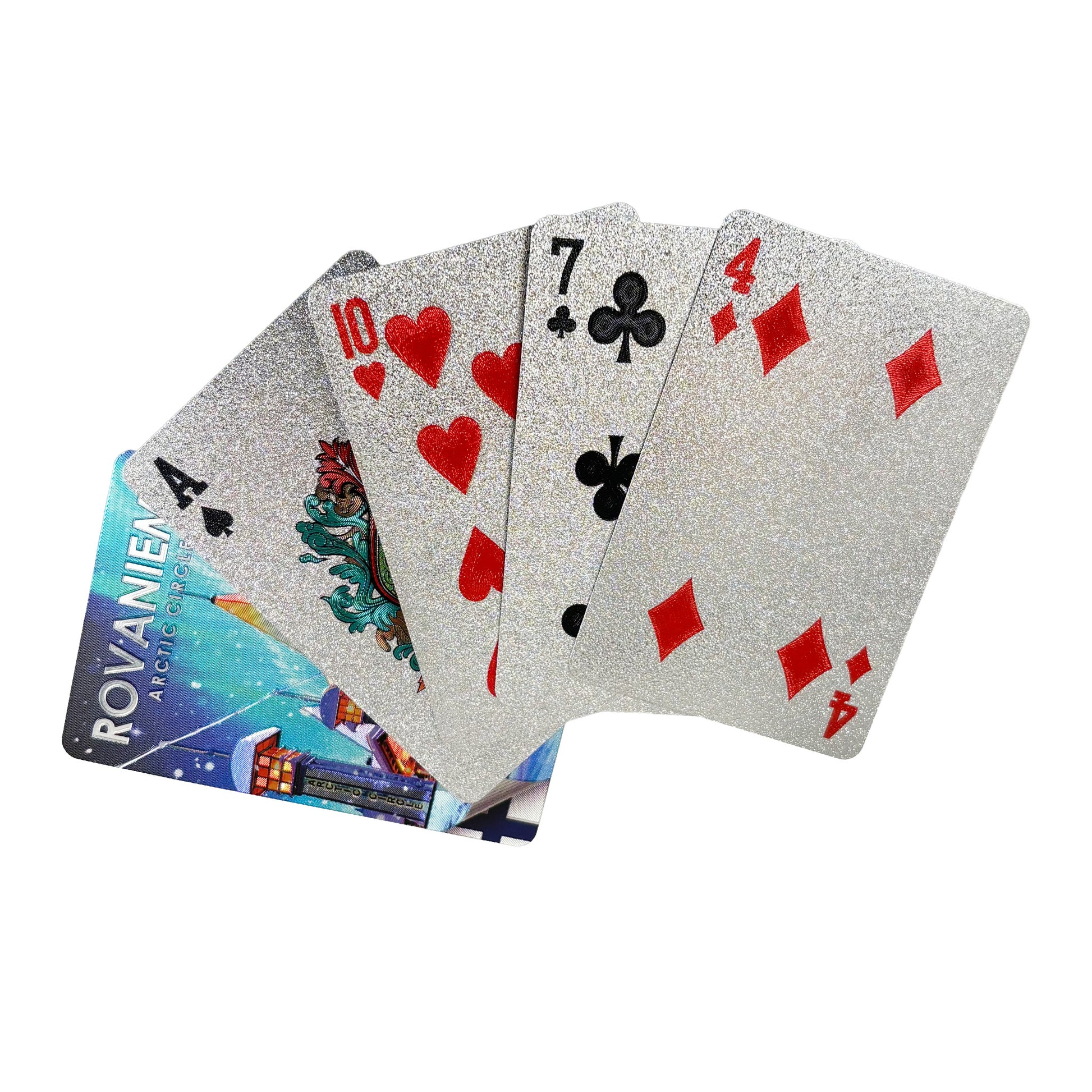 Fem spelkort från kortleken Rovaniemi, där ett visar baksidans motiv och övriga visar olika valörer.