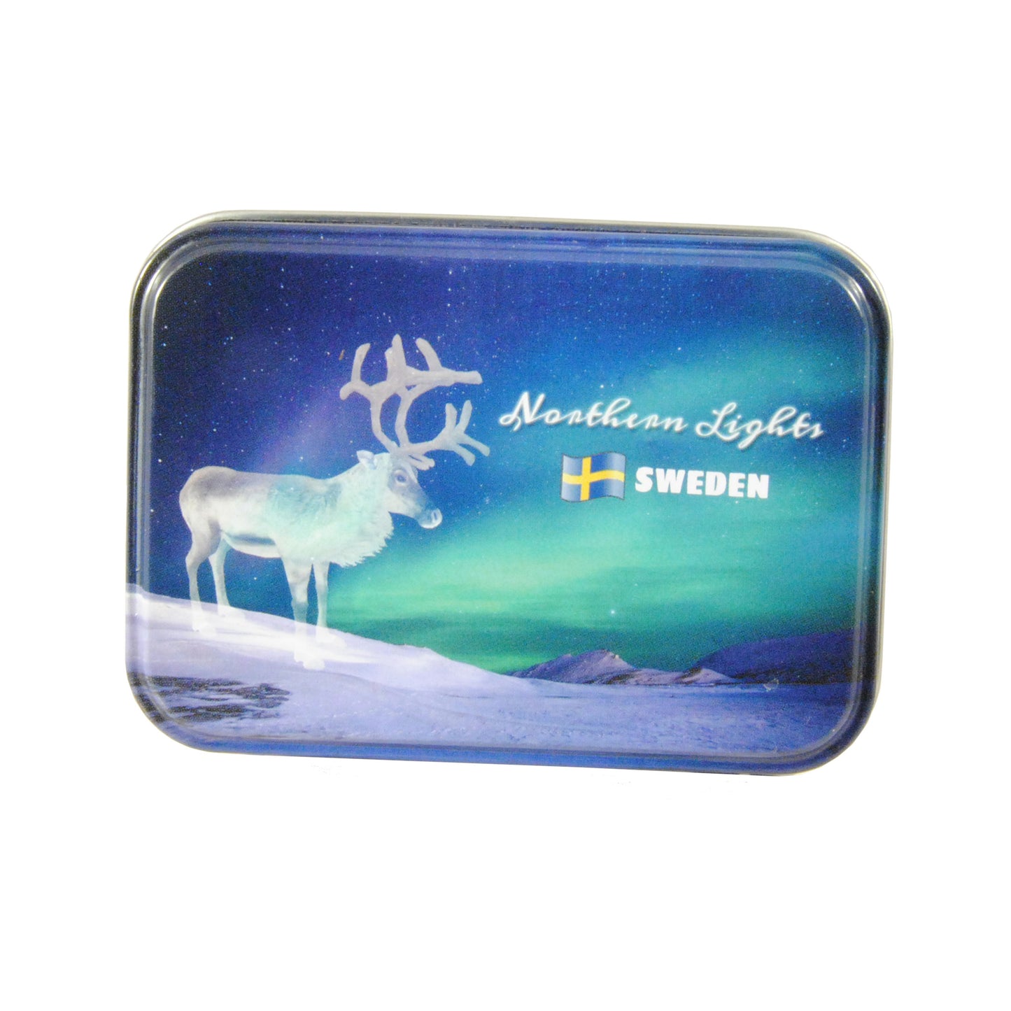 Plåtask med motiv av norrsken, en ren, svensk flagga och texten "Northern Lights SWEDEN".