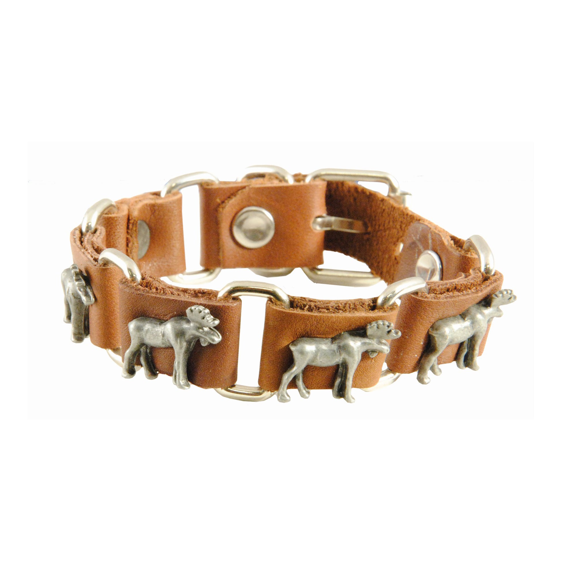 Brunt läderarmband med stående älgar i 3D.