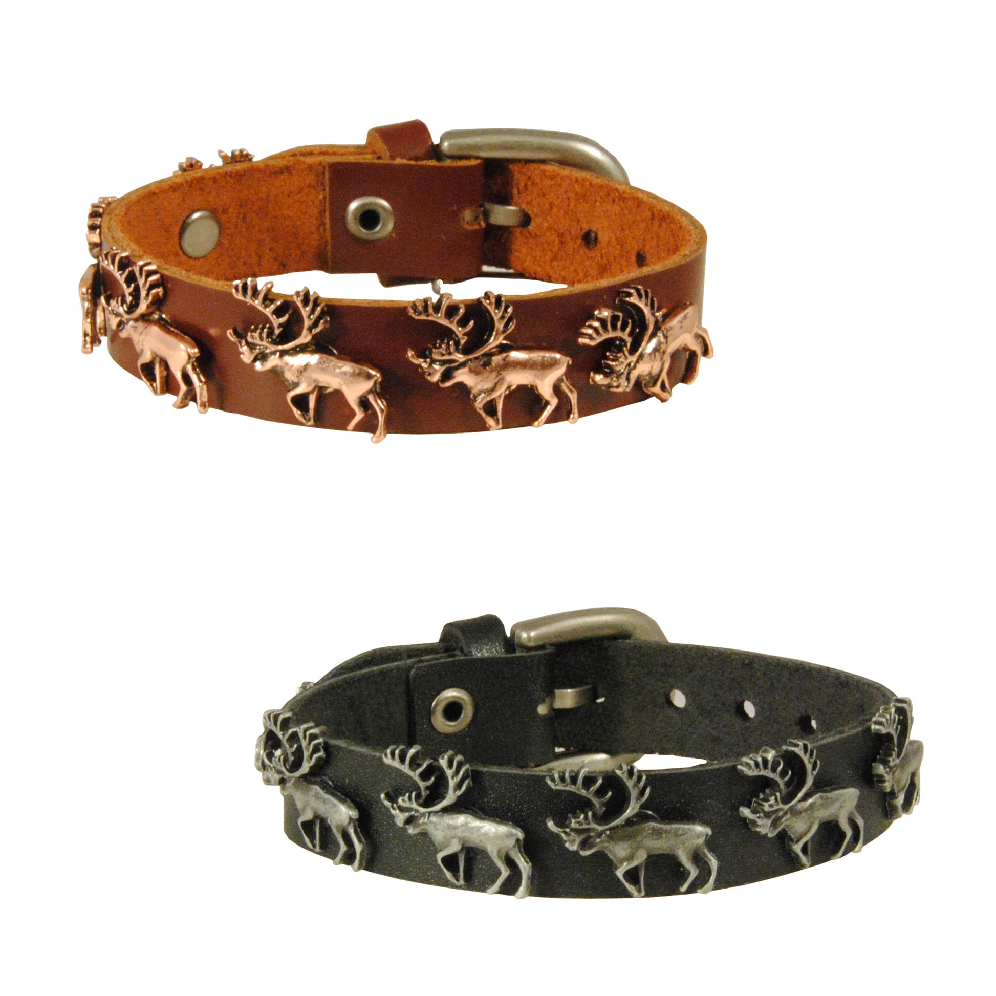 Två läderarmband med renar i 3D – ett svart och ett brunt.