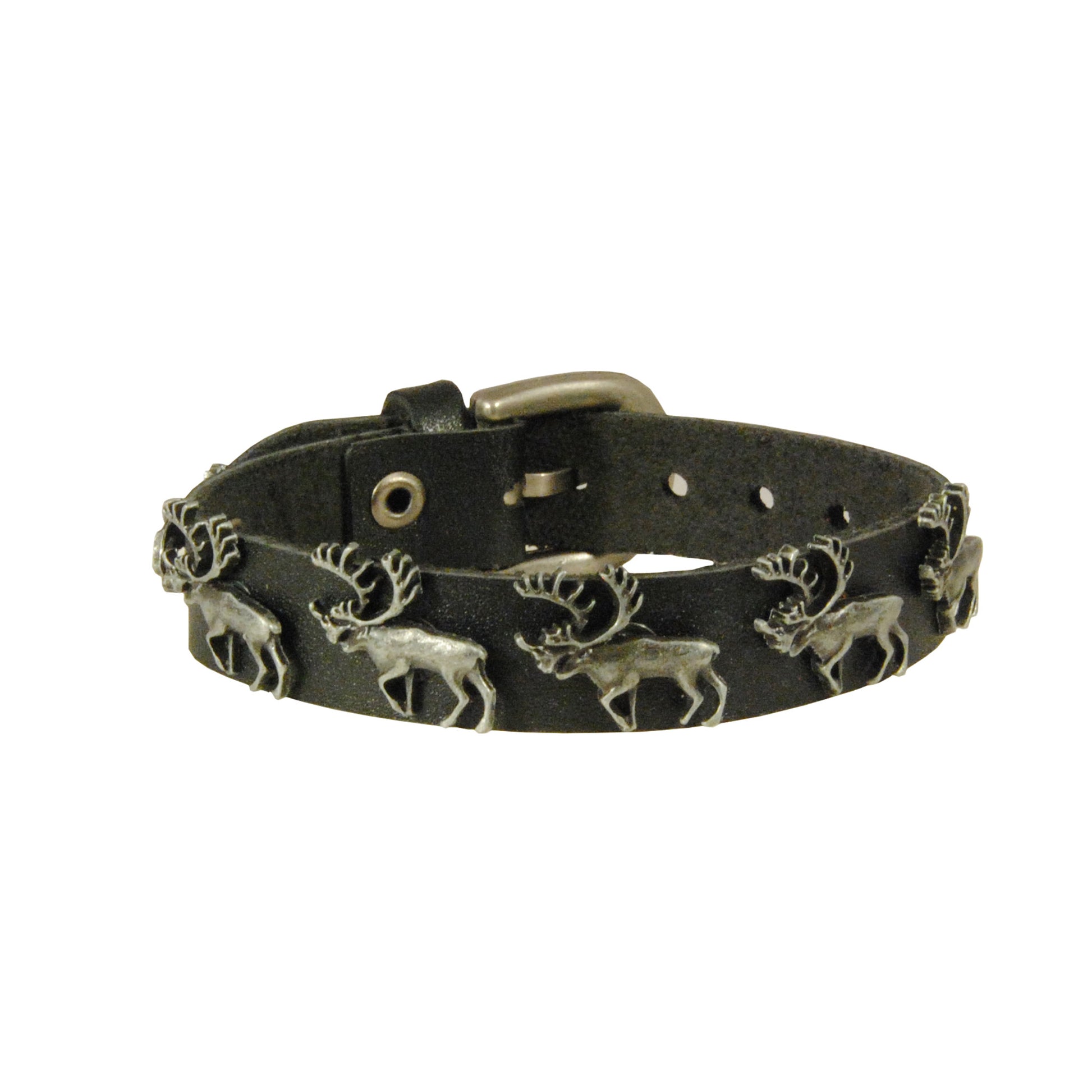 Svart läderarmband med 3D-renar som ger en stilren och vild känsla. Passar lika bra till vardags som till fest. En populär och diskret accessoar!