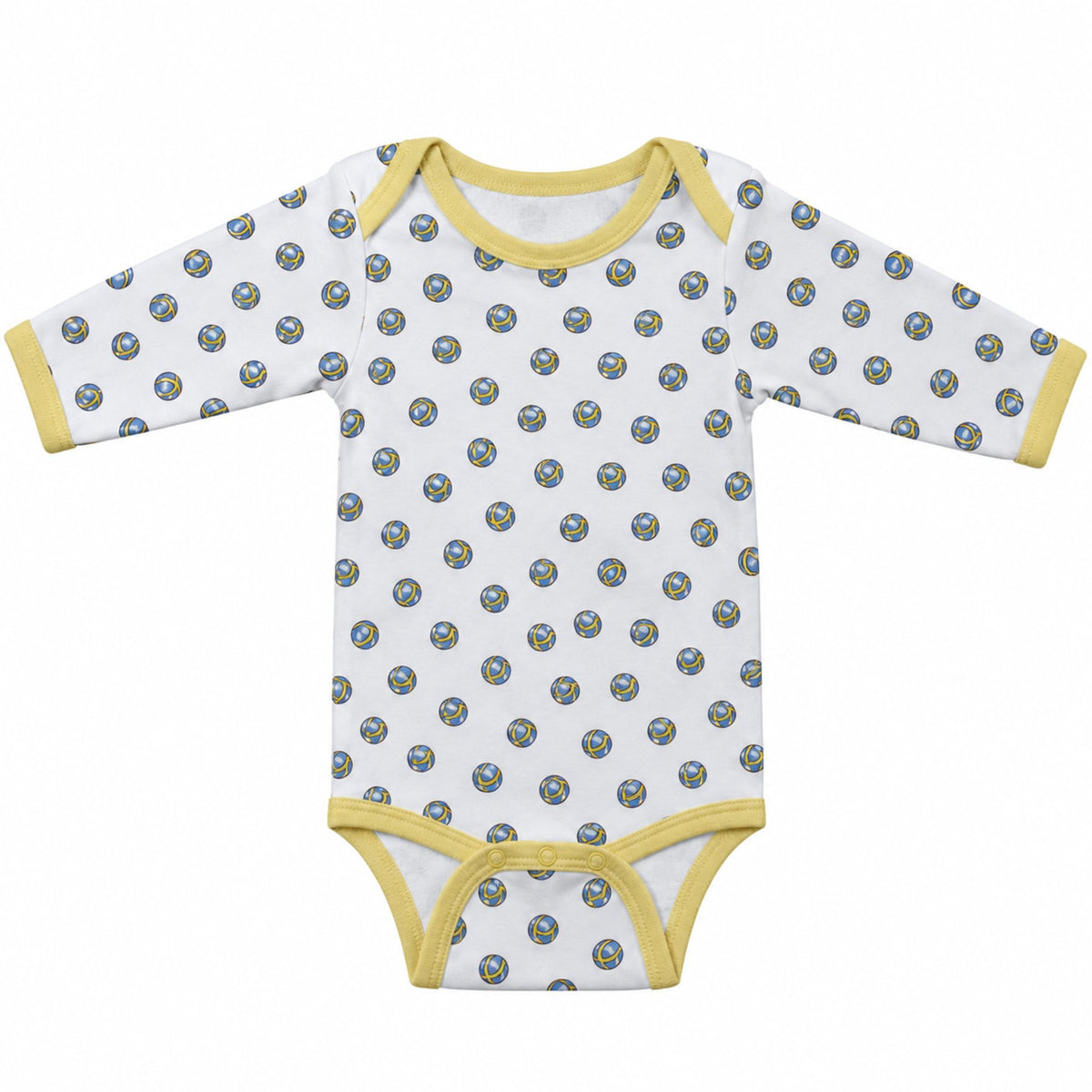 Vit långärmad babybody med gula kantband vid hals, ärmslut och benslut. Mönster med färgglada flaggbollar.