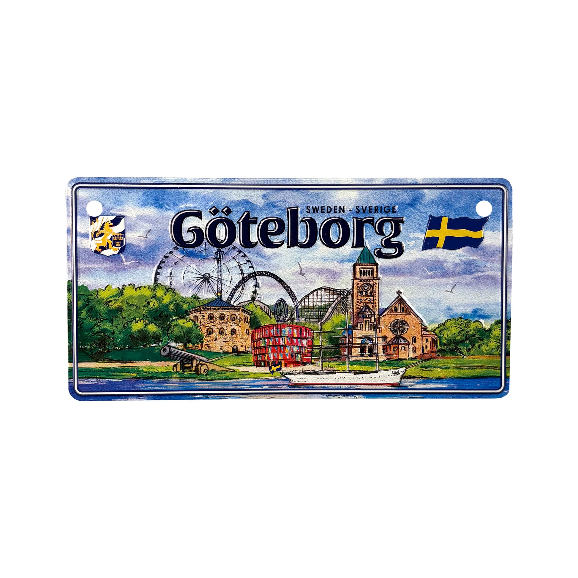 Liten bilskylt med Göteborgsmotiv, designad som en amerikansk registreringsskylt i miniformat.