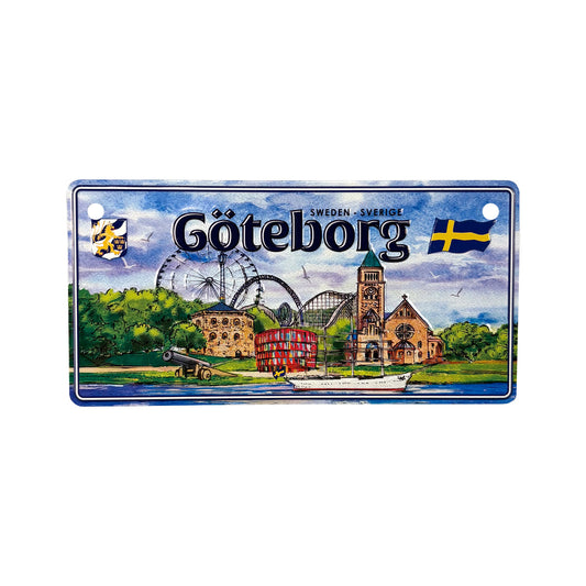 Liten bilskylt med Göteborgsmotiv, designad som en amerikansk registreringsskylt i miniformat.