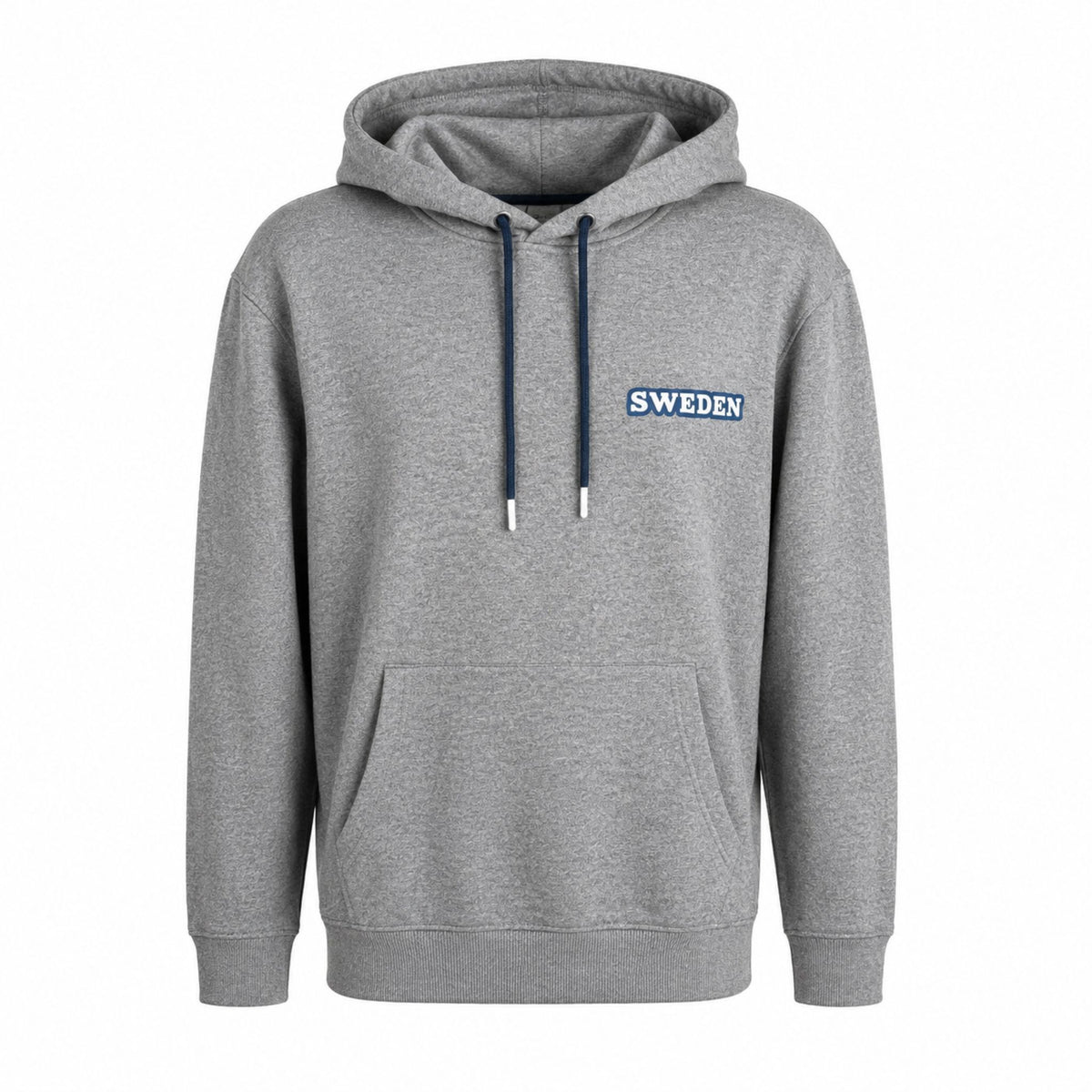 Ljusgrå hoodie sedd framifrån, med texten "Sweden" tryckt på ena bröstet.