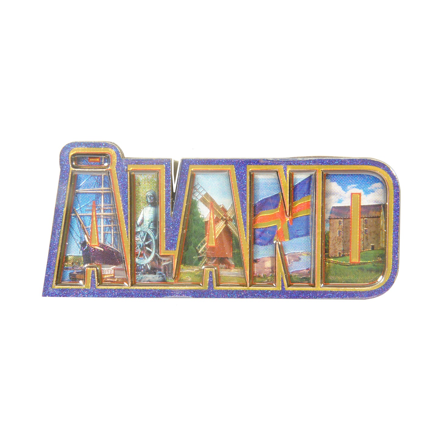 Souvenir­magnet med texten "Åland" i 2D-design, fylld med bilder från Åland inuti bokstäverna.