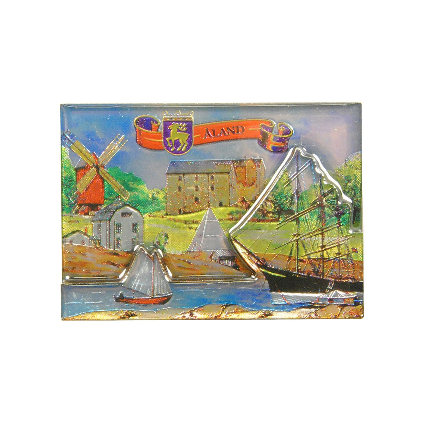 Souvenir­magnet i 2D med detaljerade Ålandsmotiv som Pommern, Kobba Klintar och Ålands landskapsvapen.