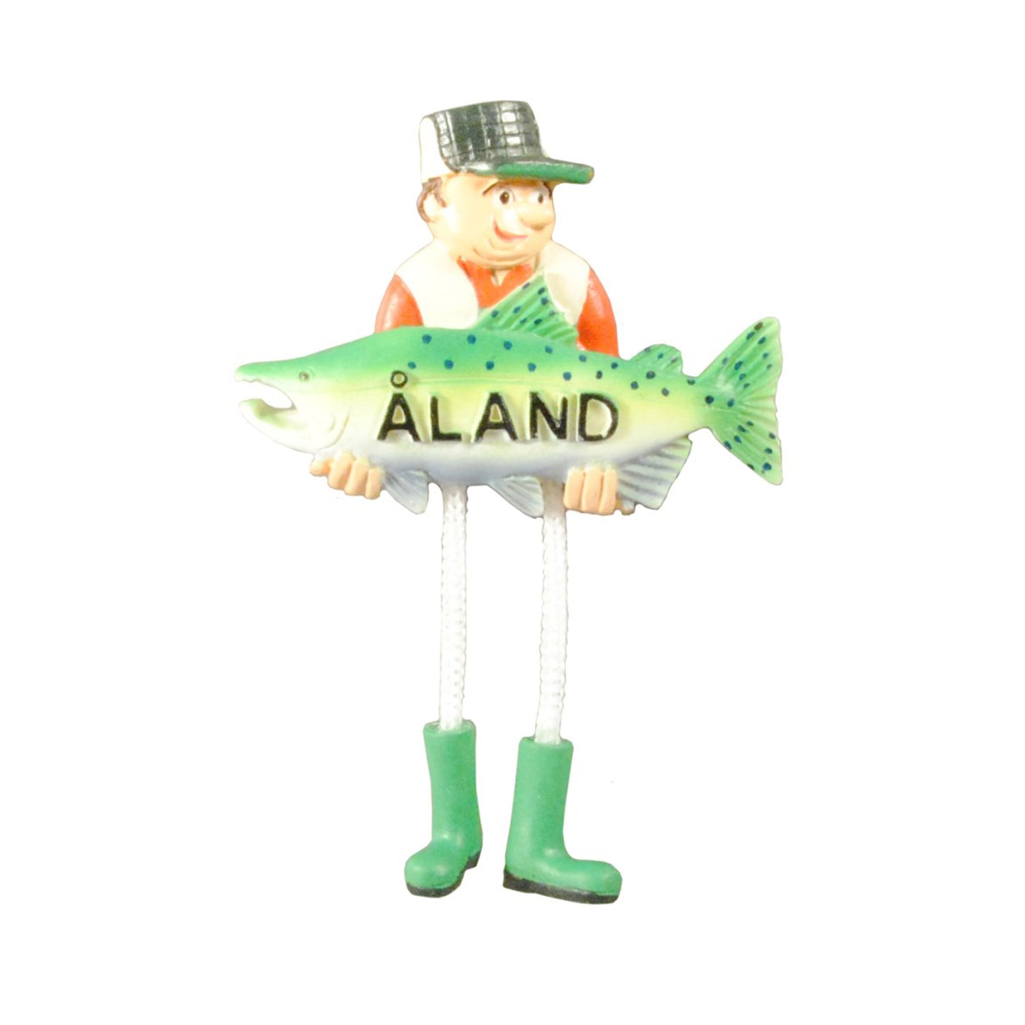 Rolig souvenir­magnet föreställande en fiskare med ”ÅLAND”-märkt fisk, gummistövlar och rörliga ben. Figuren är 110 mm hög.