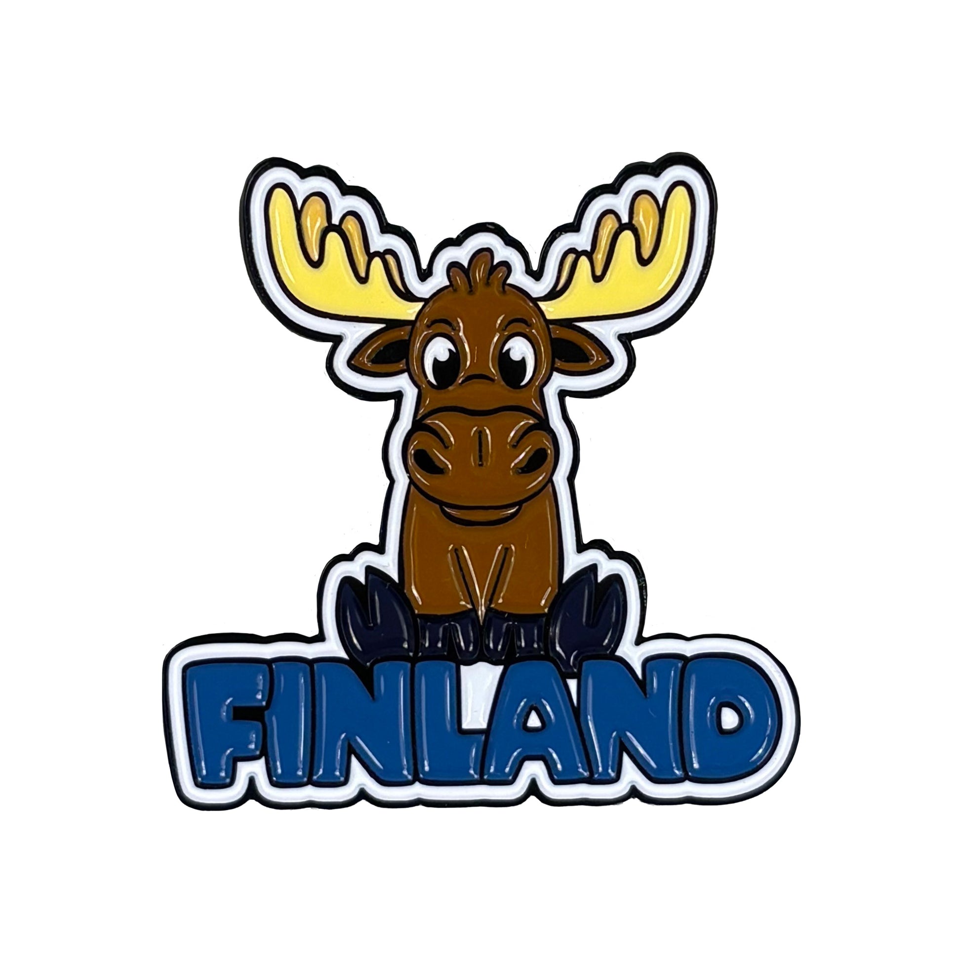 Magnet med lekfullt älgmotiv och texten "Finland" – en charmig detalj för kylskåp och andra metallytor.