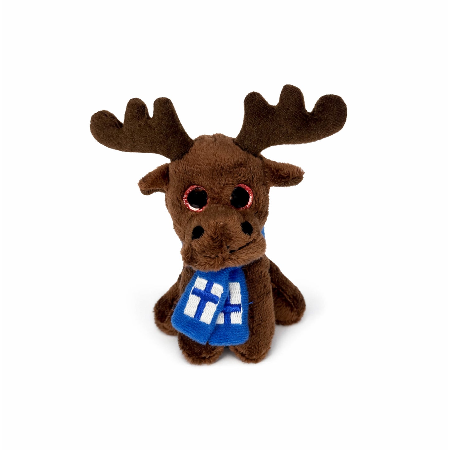 Mörkbrun älg magnet med röda glittrande ögon och blå halsduk med finska flaggan på.  