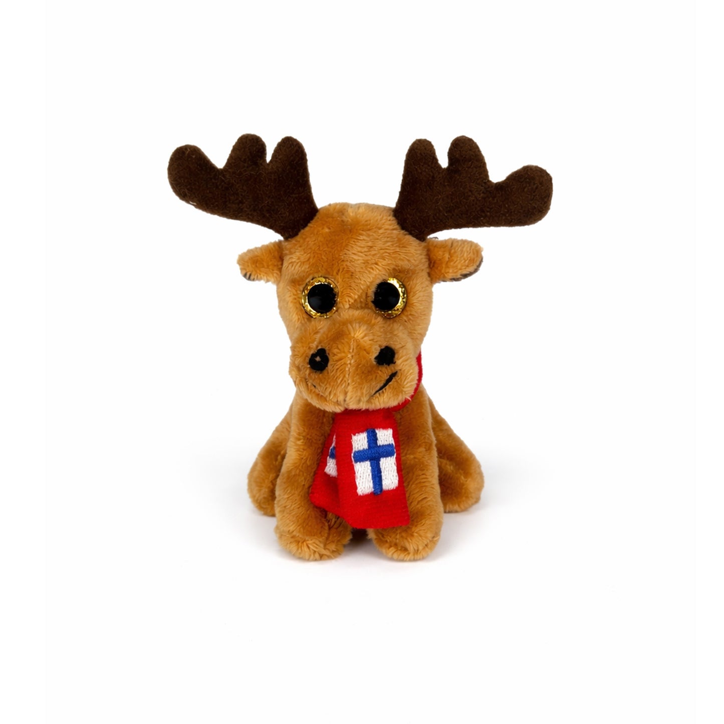 Ljusbrun älg magnet med gula glittrande ögon och röd halsduk med finska flaggan på.  