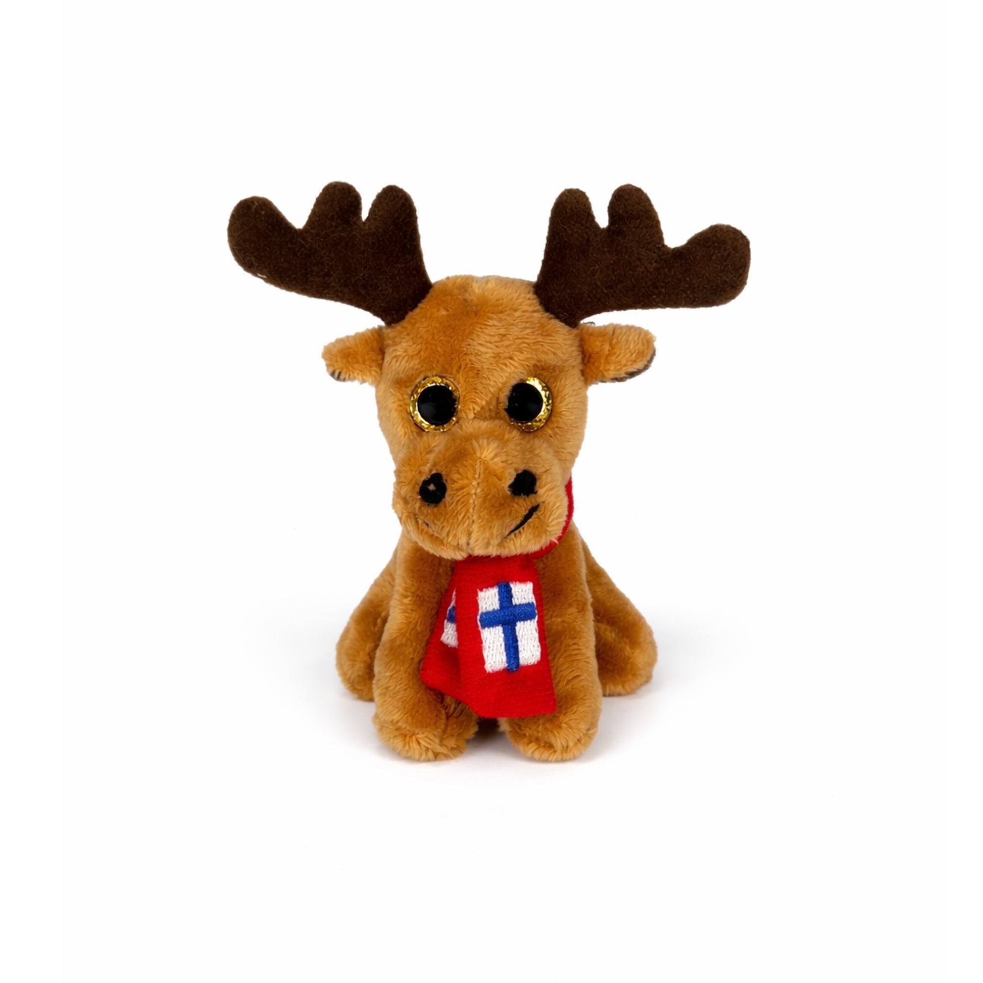 Ljusbrun älg magnet med gula glittrande ögon och röd halsduk med finska flaggan på.  