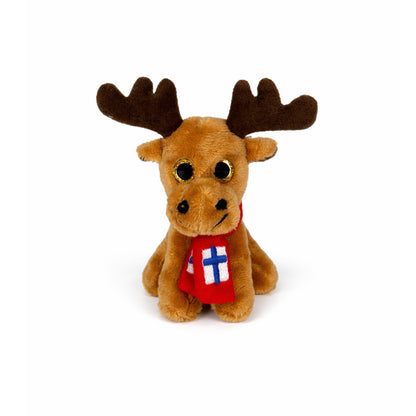 Ljusbrun älg magnet med gula glittrande ögon och röd halsduk med finska flaggan på.  