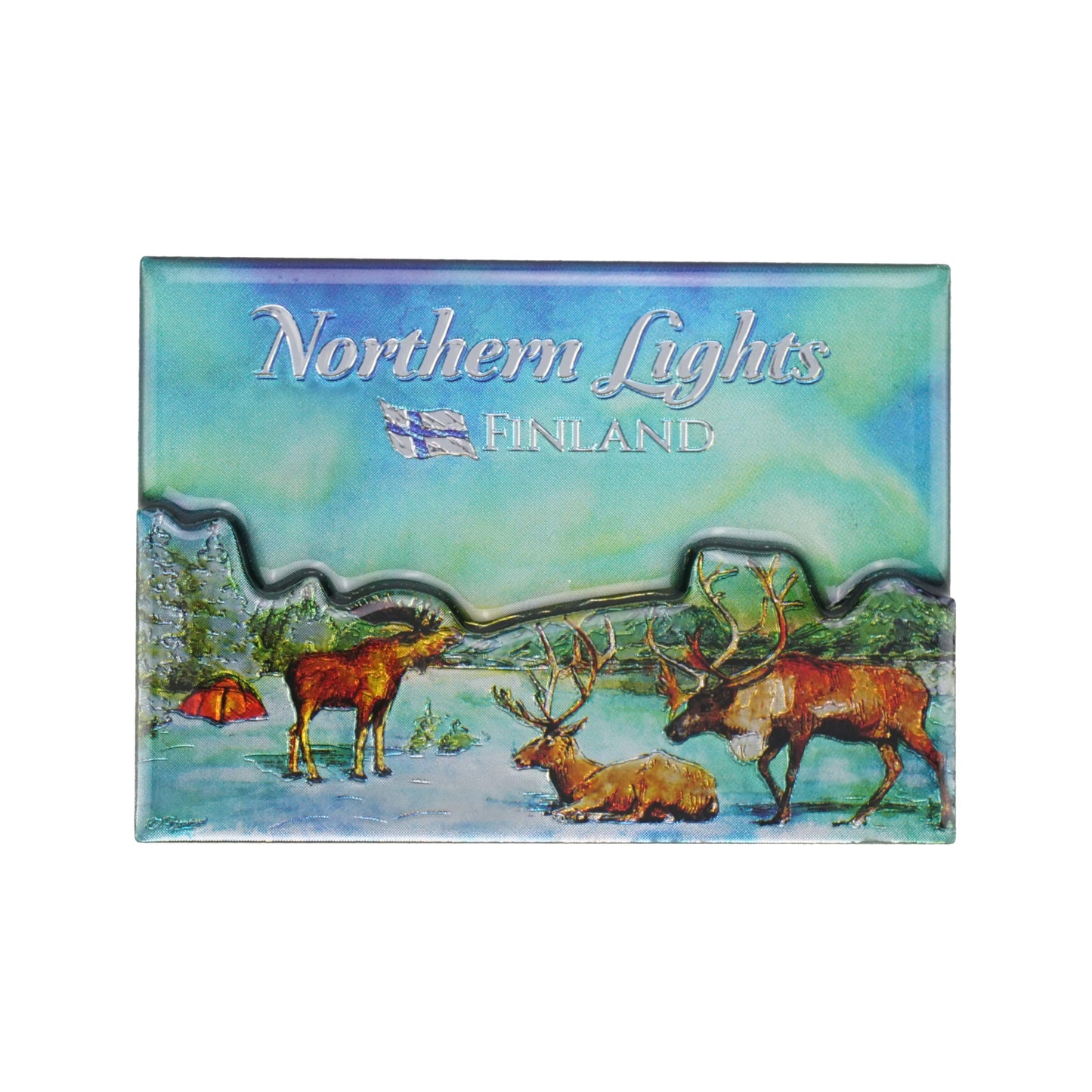 Souvenirmagnet i 2D med motiv av norrsken, natur, renar och älg samt texten "Northern Lights Finland".