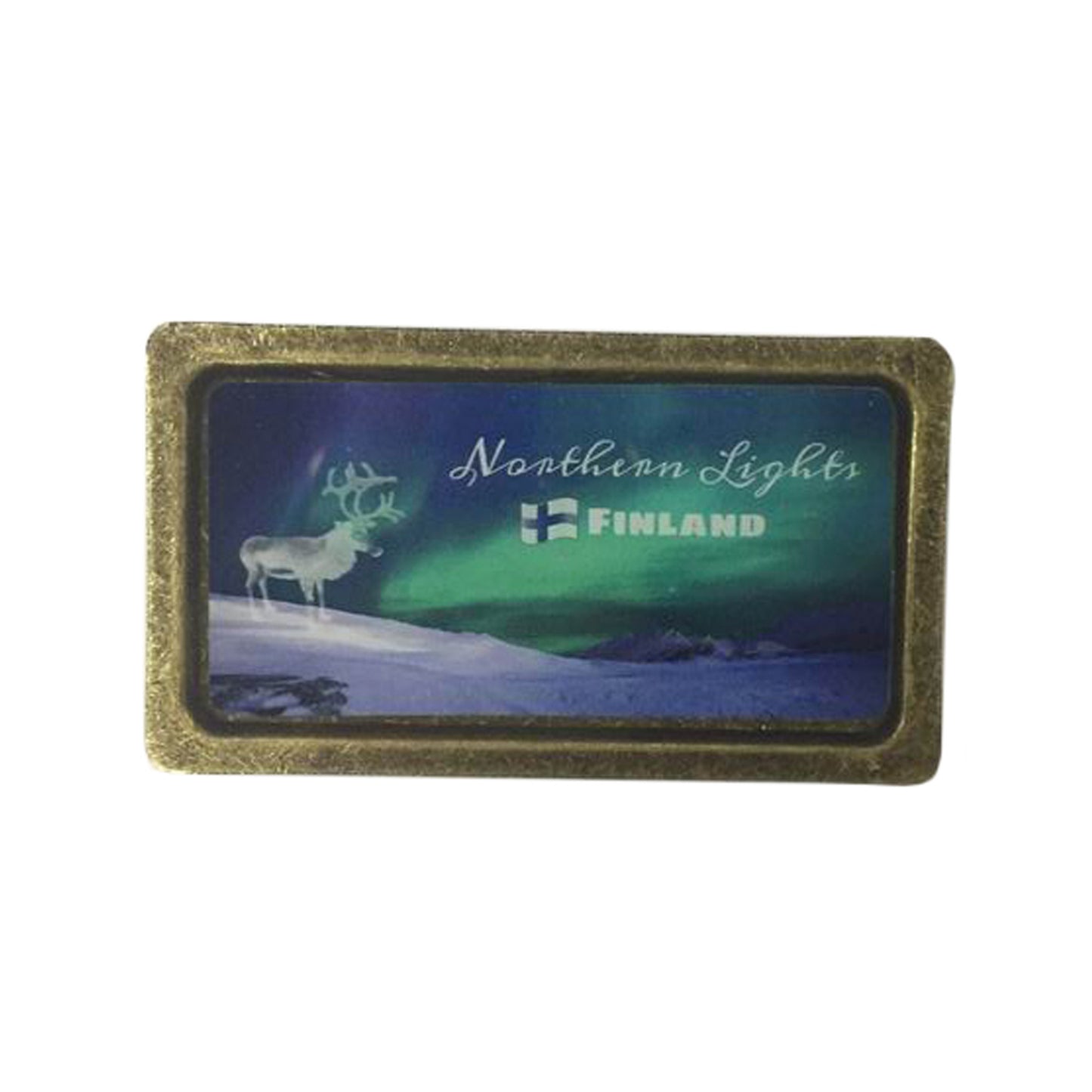 Magnet med norrskensmotiv, snöigt fjällandskap, ren, finska flaggan samt texterna "FINLAND" och "Northern Lights". Elegant kant för en lyxig känsla.