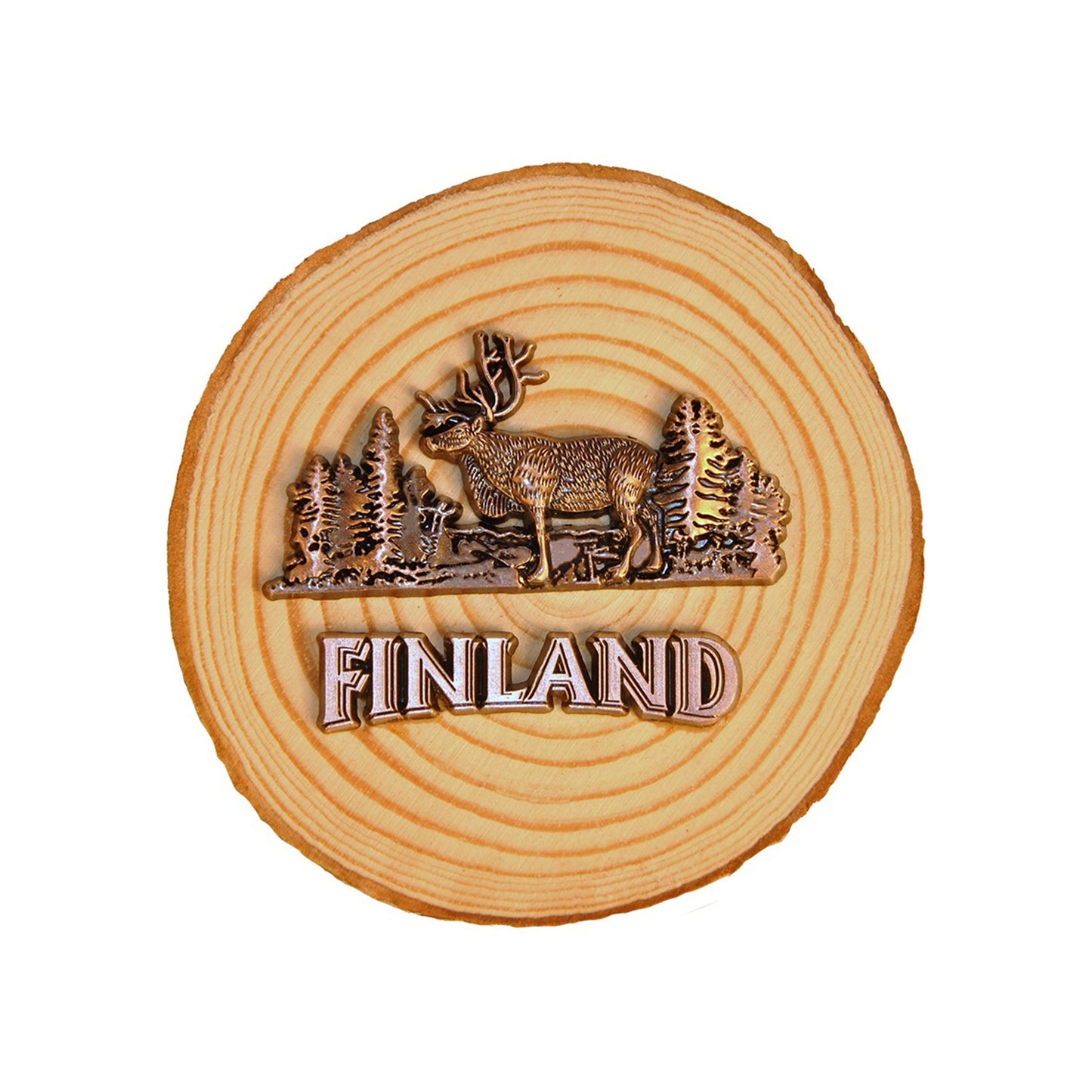 Magnet med ren i bronsfärgad metall monterad på en trädstubbe med texten Finland – en detaljrik och naturinspirerad souvenir med äkta Finland-känsla.
