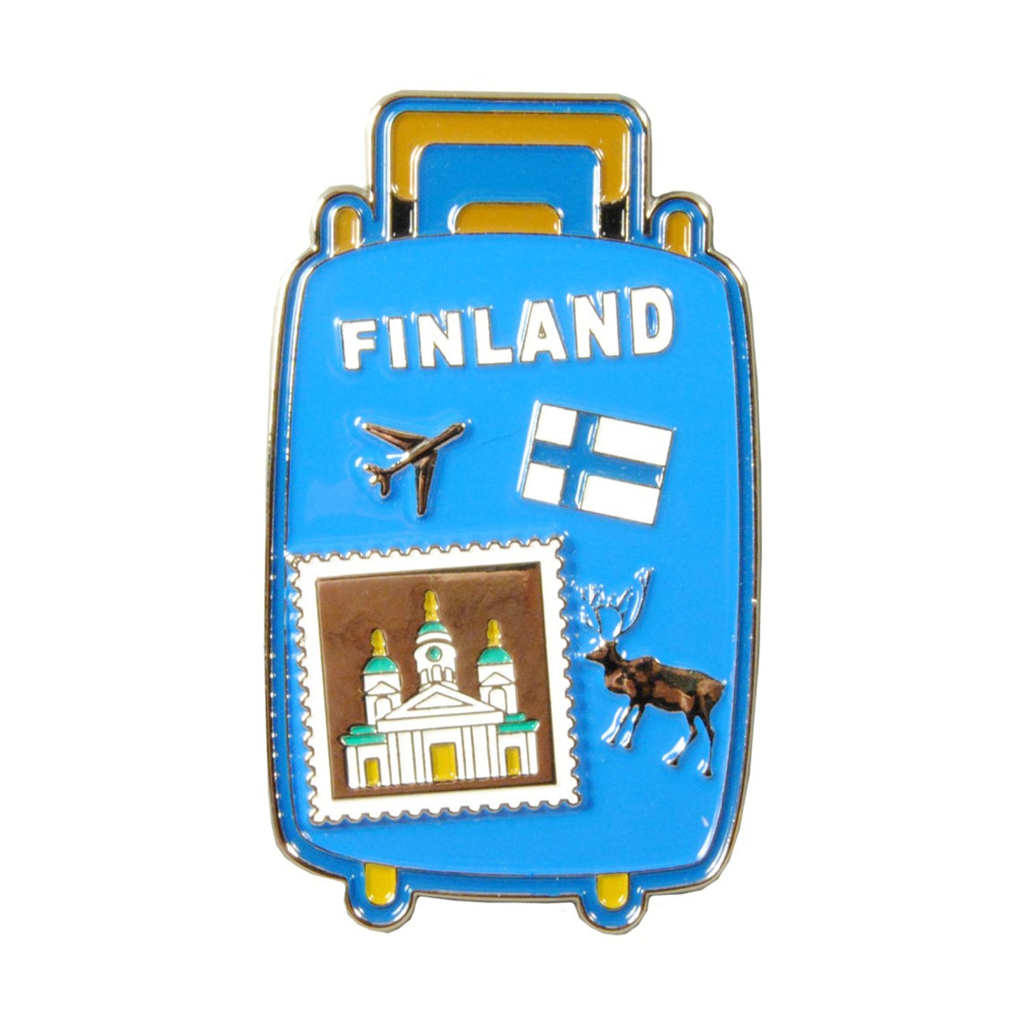 Magnet som ser ut som en liten blå resväska. Dekorerad med motiv från Finland + texten "Finland". Produkten har dessvärre utgått. 