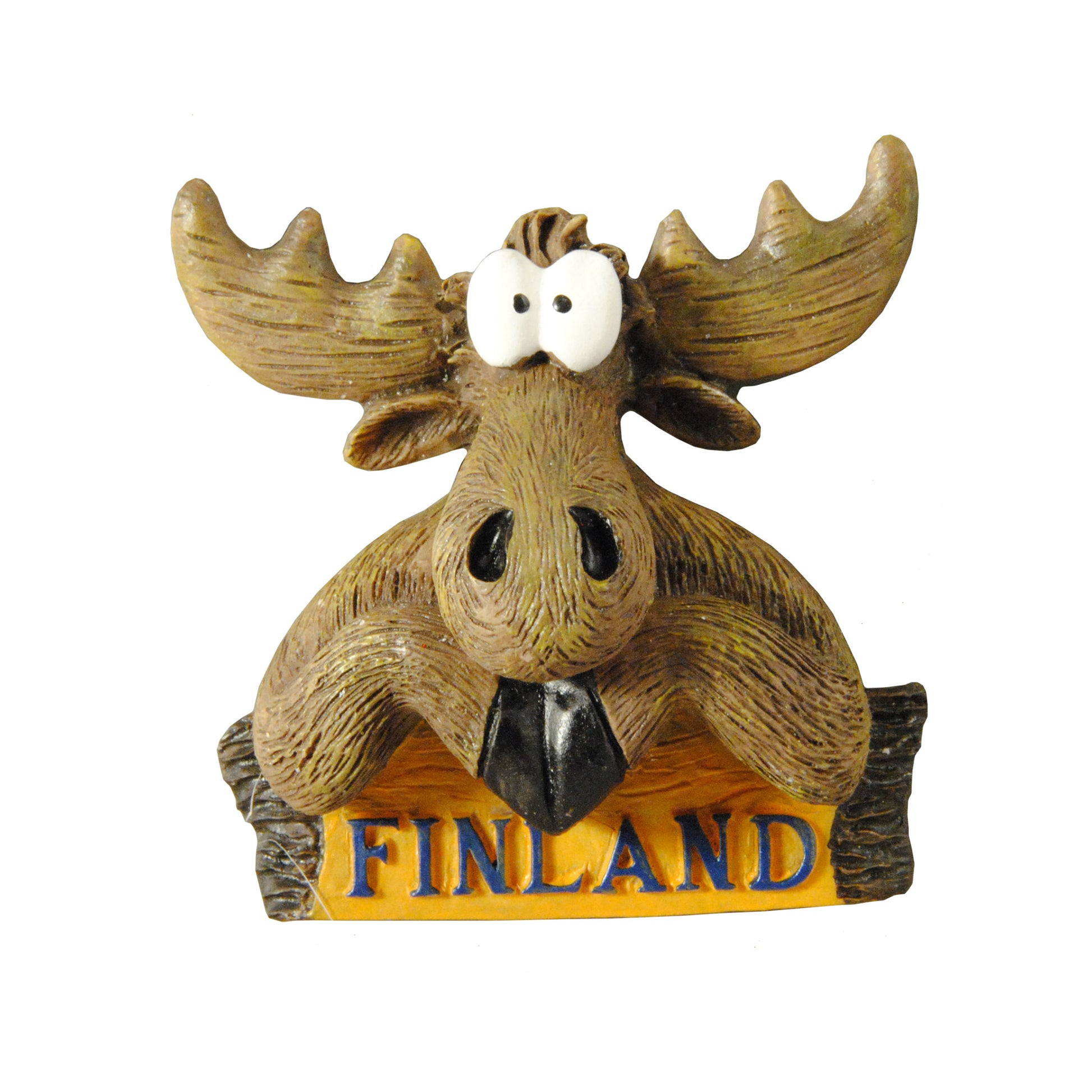 Souvenirmagnet med en rolig älg och texten "Finland". En av marknadens mest populära och detaljrika souvenirmagneter med finskt tema.