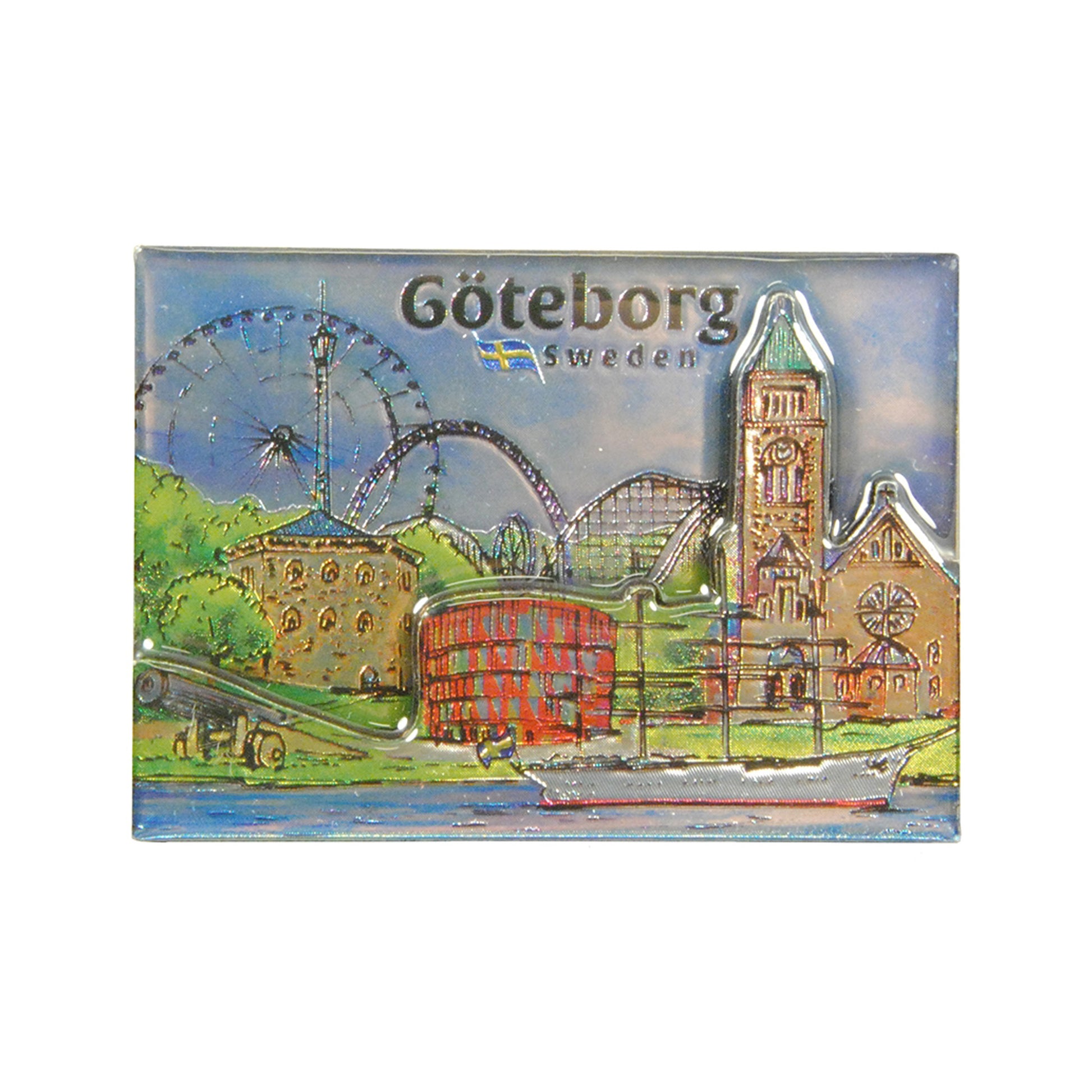 2D souvenirmagnet med en samling av Göteborgs mest kända sevärdheter i en stilren design.