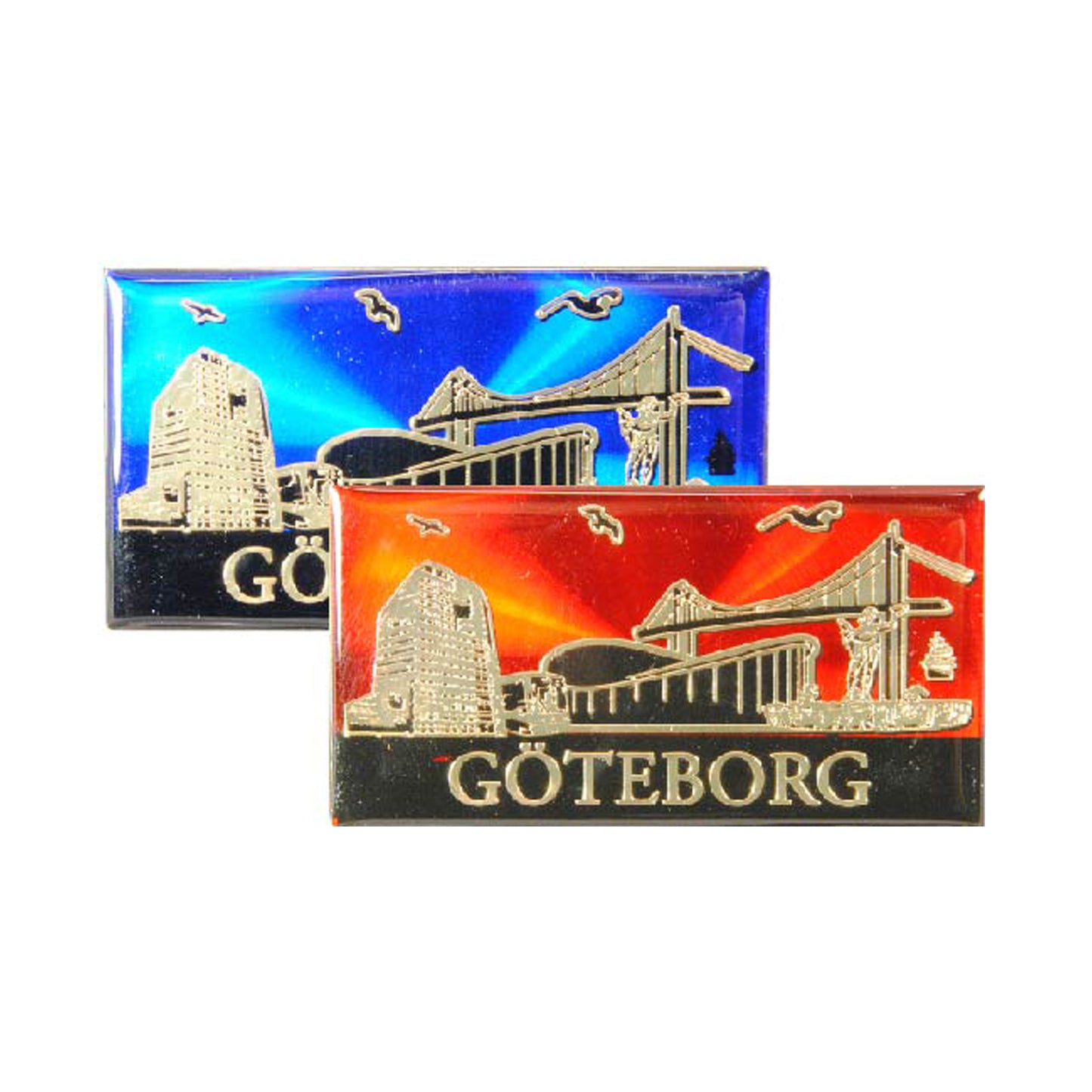 Två souvenirmagneter i epoxy med Göteborgs skyline  – en med röd och en med blå bakgrund, båda med fin lyster.
