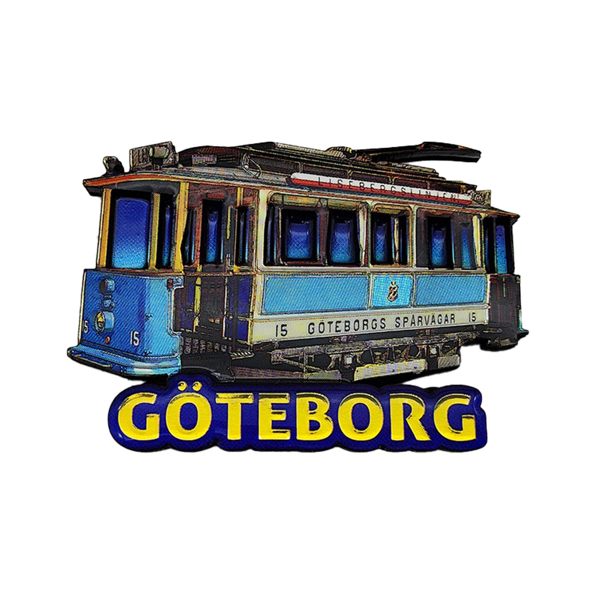 Kylskåpsmagnet med Göteborgs klassiska blåvita spårvagn som motiv.