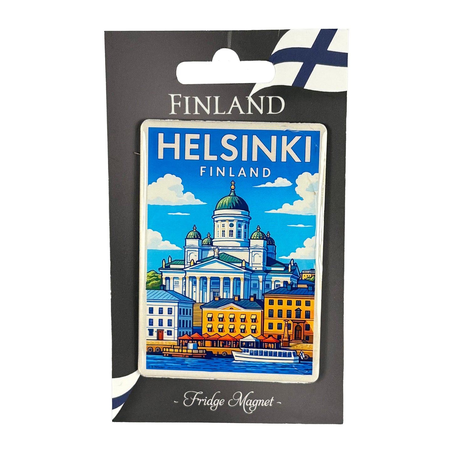Magnet Helsingfors monterad på grå hängetikett – förpackad och klar för försäljning.

