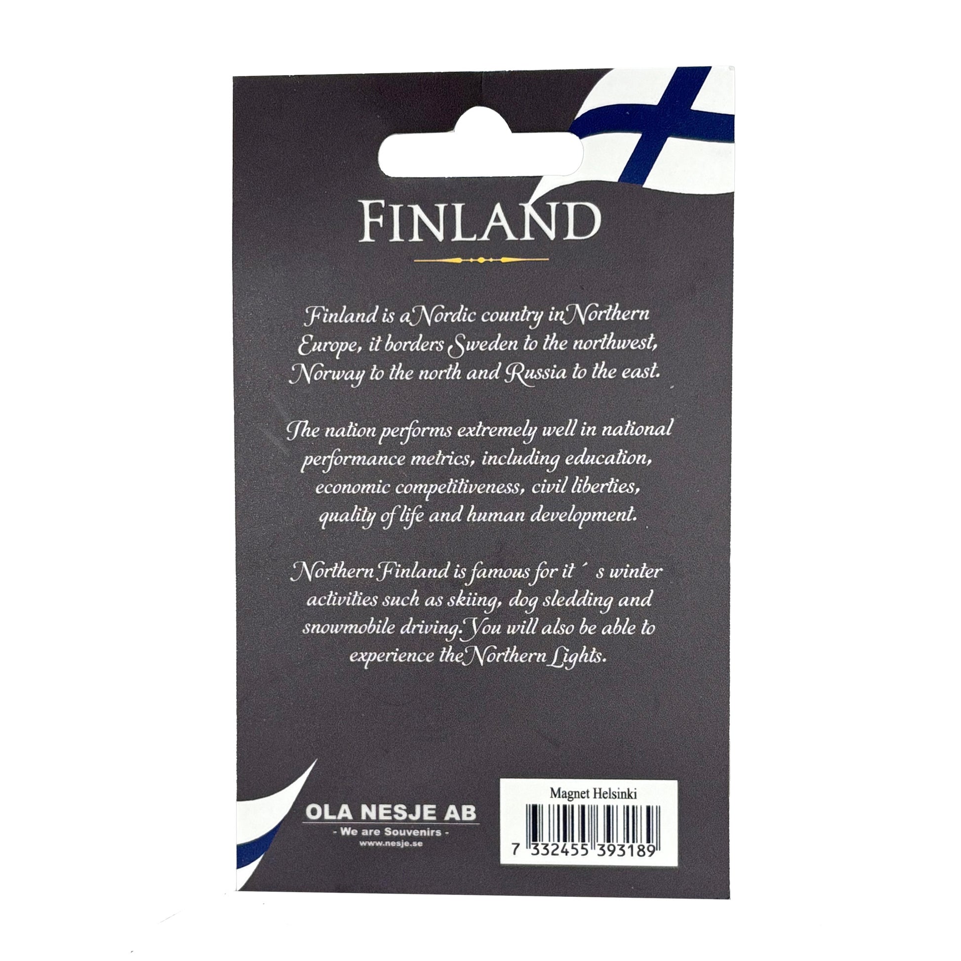 Baksidan av hängetiketten med kort informationstext om Finland.

