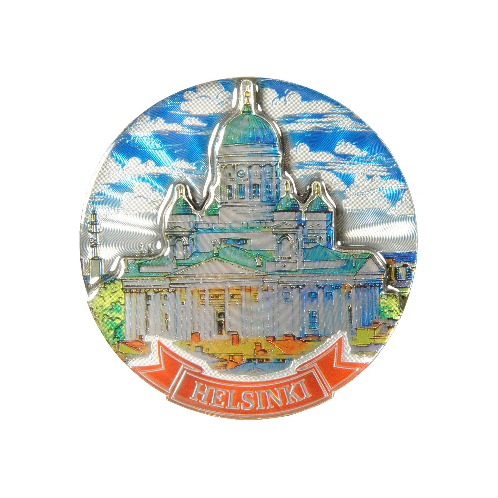 Rund 2D-souvenirmagnet med motiv av Domkyrkan i Helsingfors, diameter 9 cm. Färgstark och populär magnet.