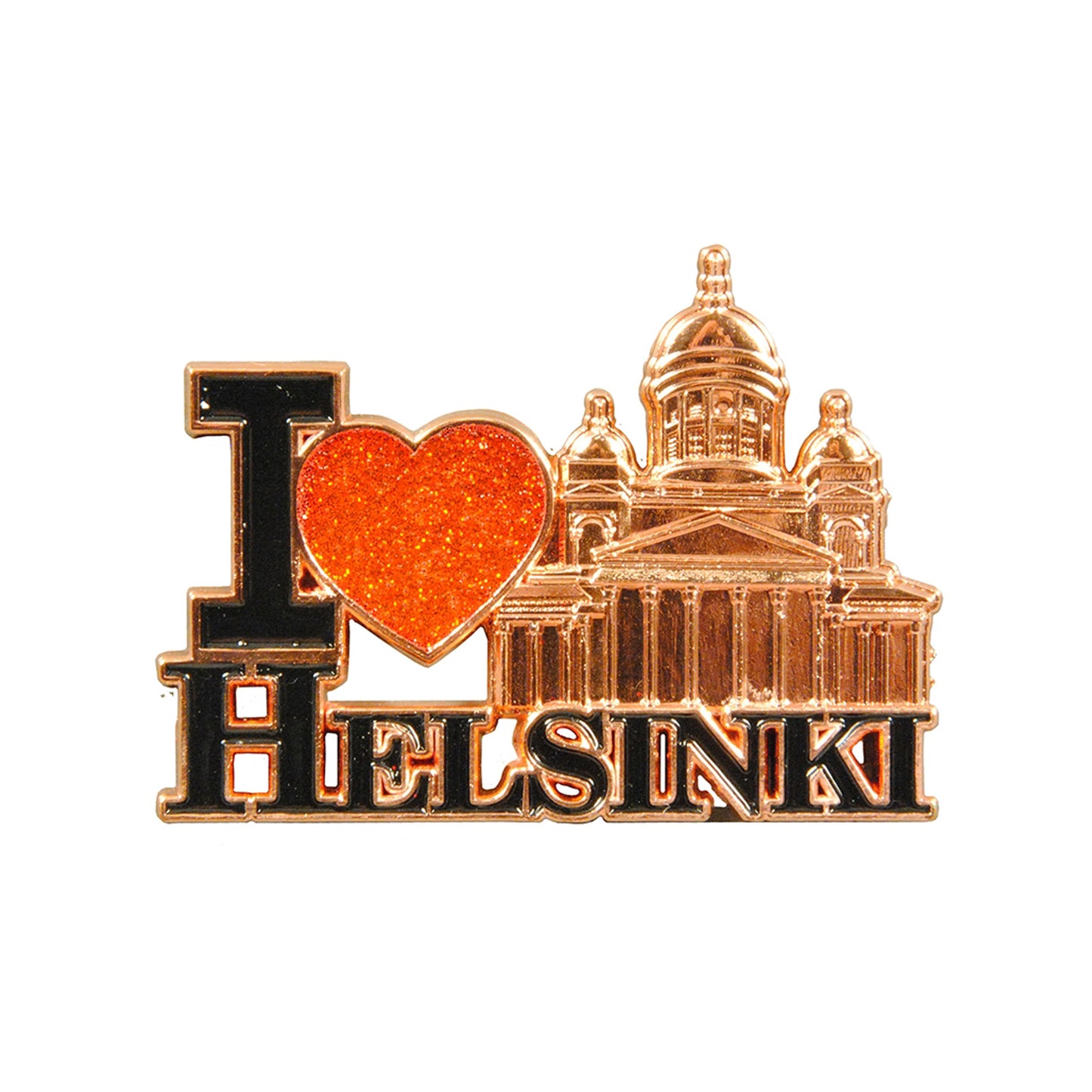 Magnet med motiv av Helsingfors domkyrka och texten "I LOVE HELSINKI" i roséguld med glitter. Mått 65 x 40 mm, dekorativ och glittrande souvenir.