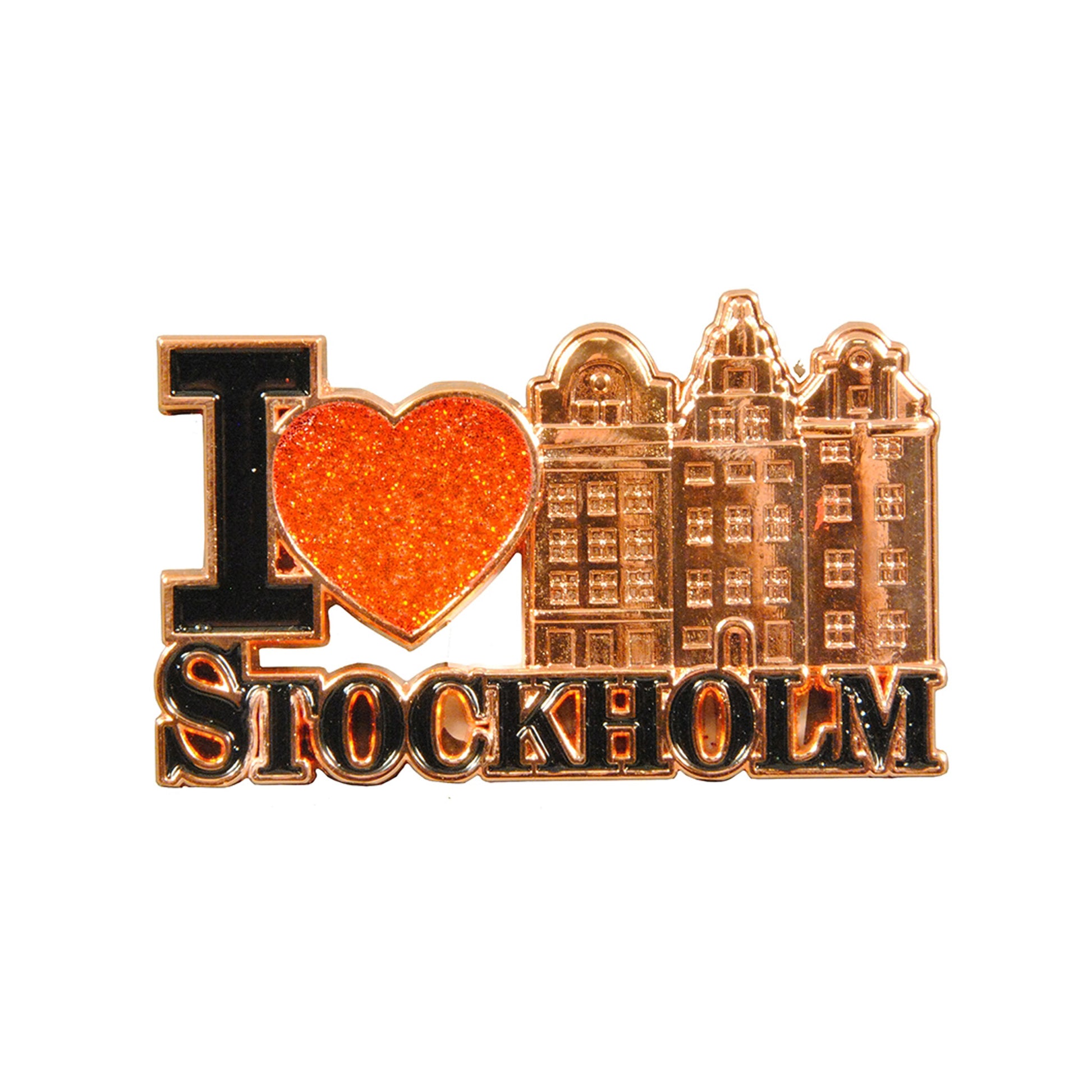Metallmagnet “I Love Stockholm” i roséguld, 6,6 x 4,0 cm. Glitter i hjärtat och fin glans över hela magneten. Elegant och glittrande souvenir.
