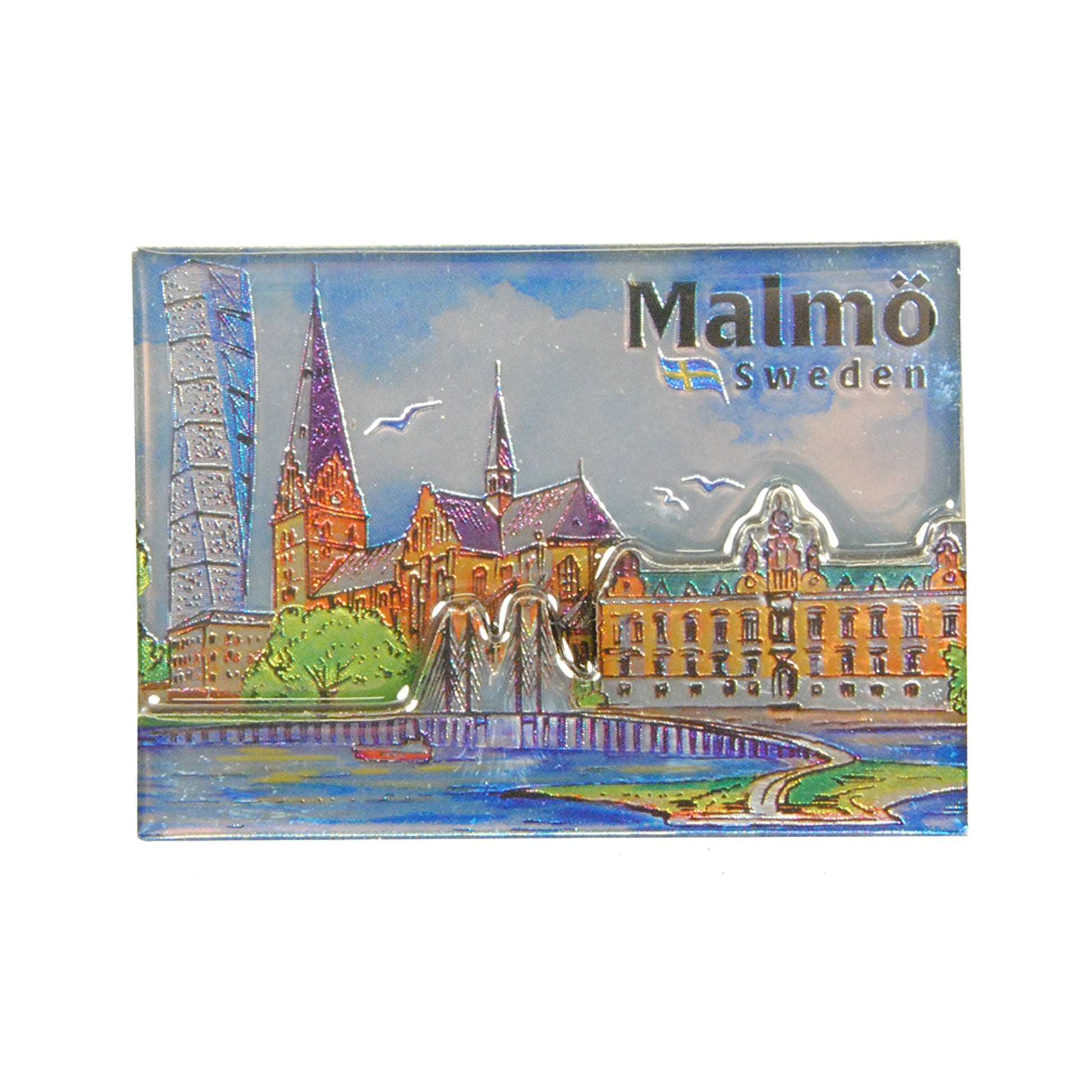 Souvenirmagnet med Malmömotiv i 2D-design. Illustrationen visar stadens landmärken i färg med fin komposition och tydlig djupverkan.