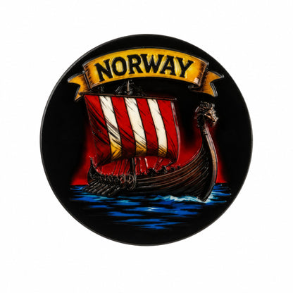 Svart rund magnet vikingaskepp och banderoll med texten "Norway".