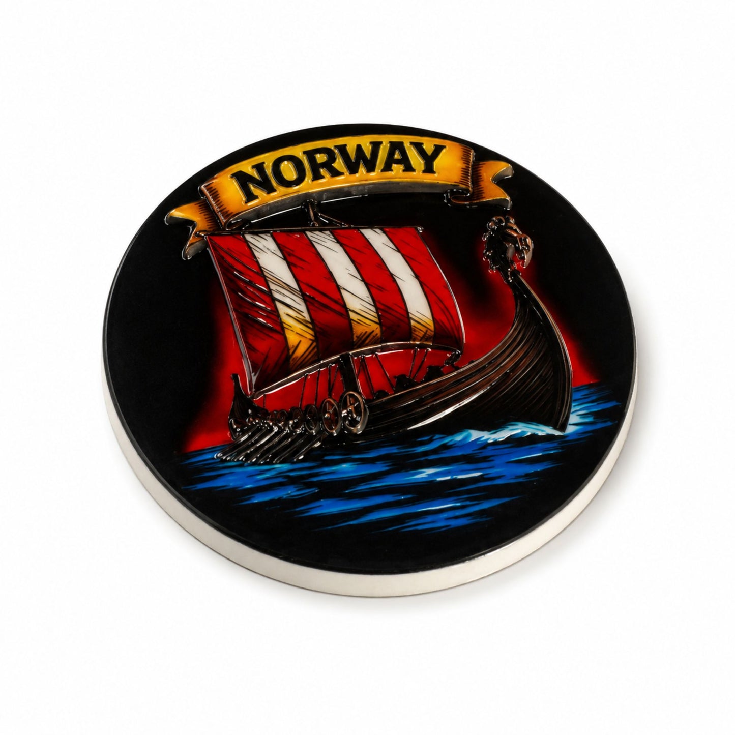 Svart rund magnet vikingaskepp och banderoll med texten "Norway".
