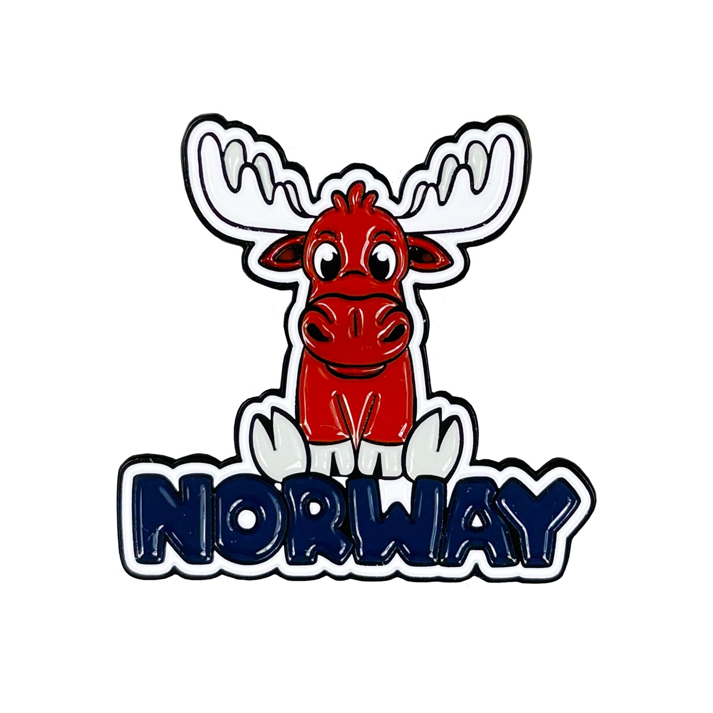 Magnet med lekfullt älgmotiv och texten "Norway" – en charmig detalj för kylskåp och andra metallytor.