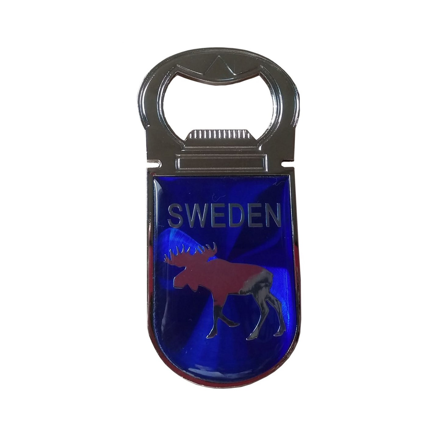 Blå metallmagnet med älgmotiv, texten "Sweden" och flasköppnare – souvenir med epoxylyster.