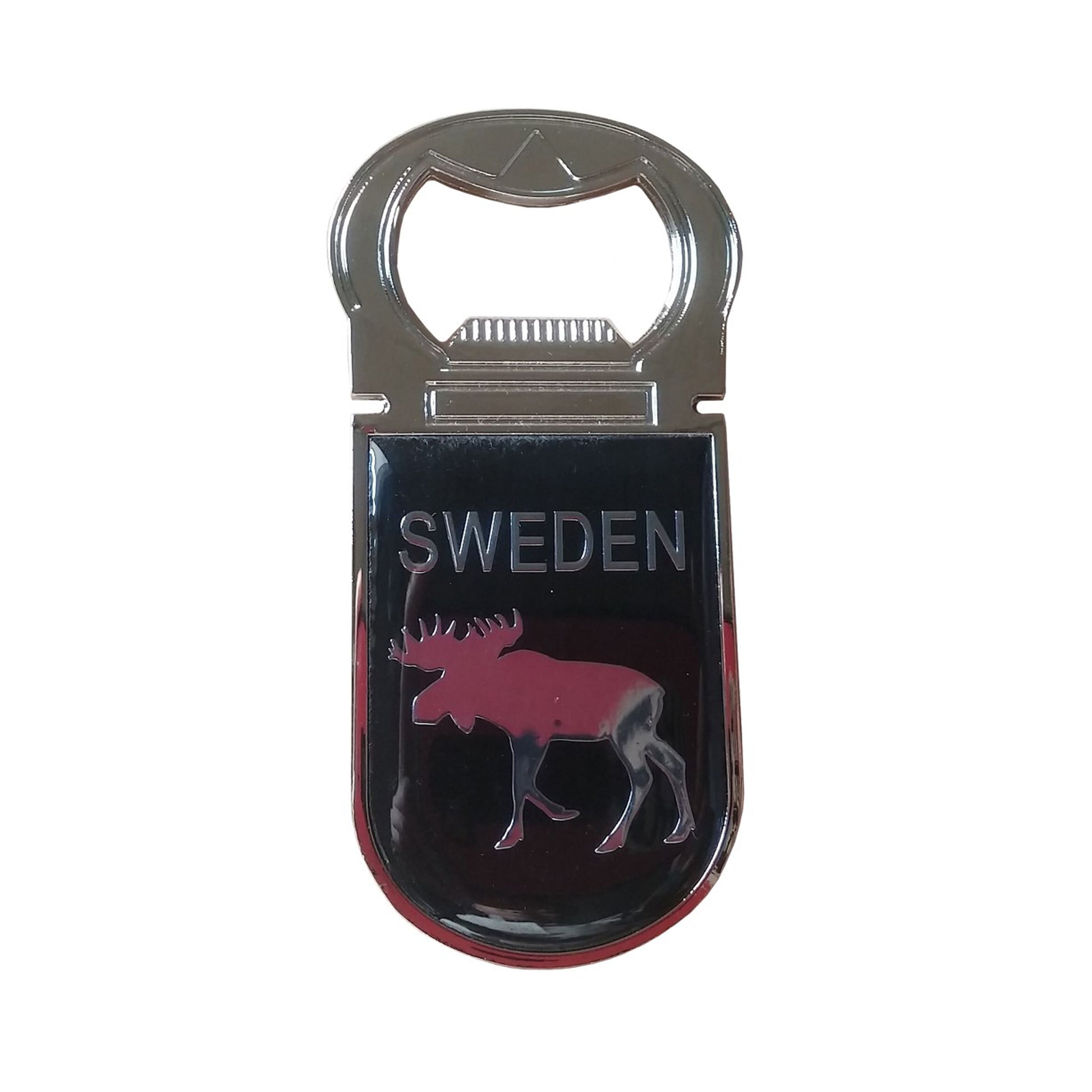 Svart metallmagnet med älgmotiv, texten "Sweden" och flasköppnare – souvenir med epoxylyster.
