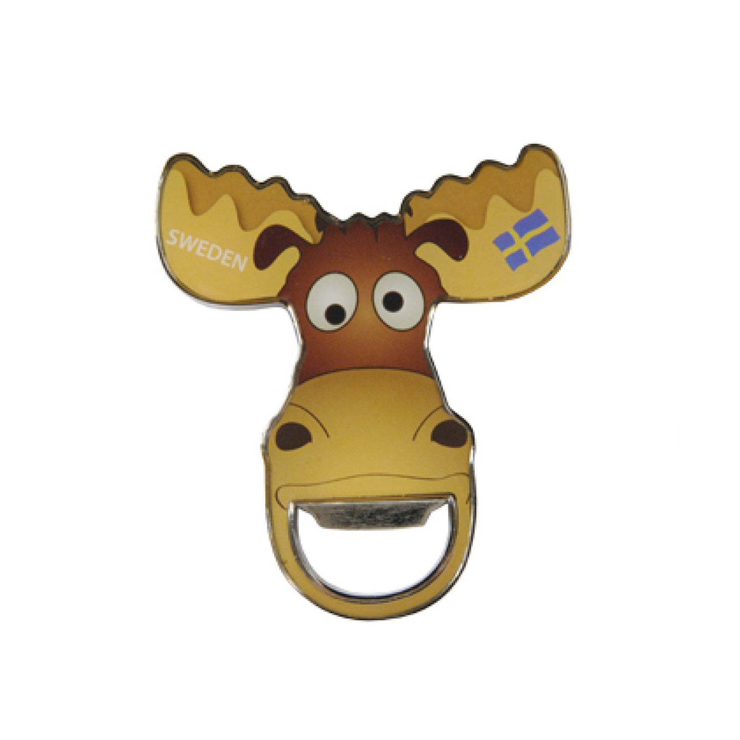 Souvenirmagnet i metall och epoxy, 8,0 cm, med älghuvud och texten "Sweden". Kombinerad med flasköppnare – en både snygg och praktisk souvenir.