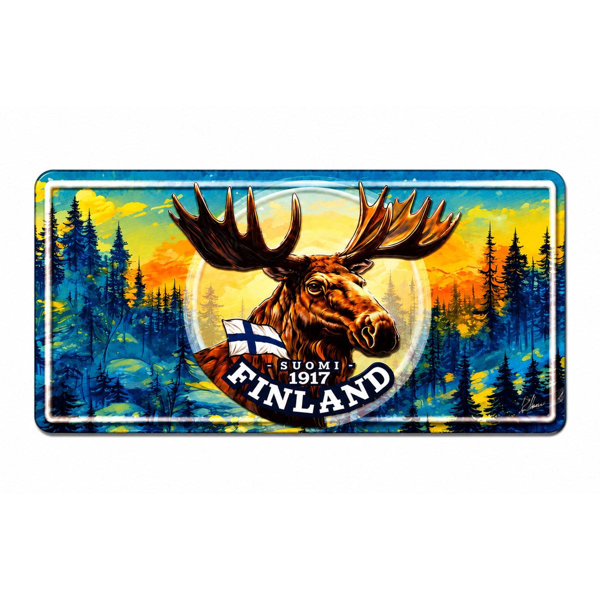 Magnet i form av en amerikansk registreringsskylt med motiv av ett älghuvud, finska flaggan och texten "Suomi - 1917 - Finland med skog i bakgrunden.