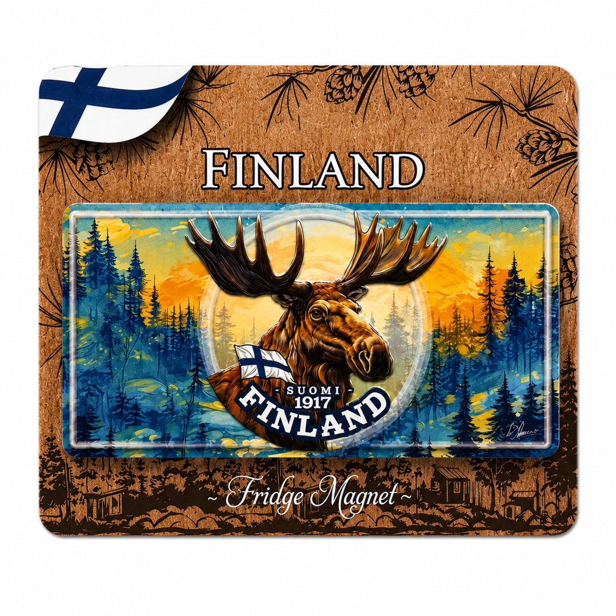 Magnet i form av en amerikansk registreringsskylt med motiv av ett älghuvud, finska flaggan och texten "Suomi - 1917 - Finland med skog i bakgrunden. Visas här på brun header med finska flaggan och texterna "Finland" och "Fridge Magnet".