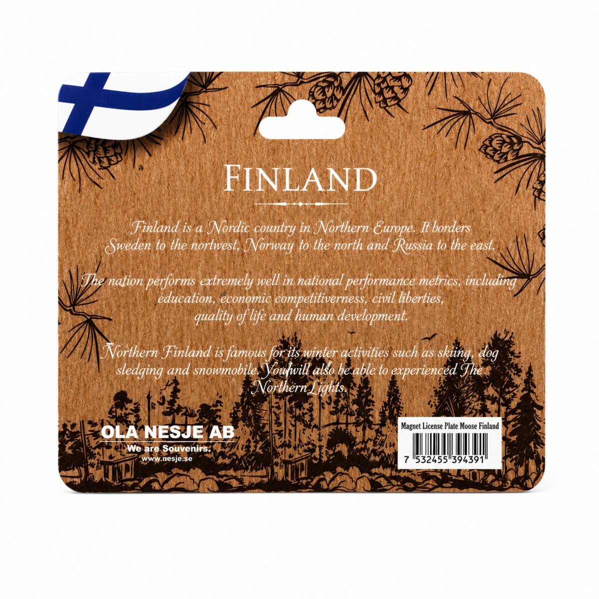 Baksida av brun header med finska flaggan och text om Finland.