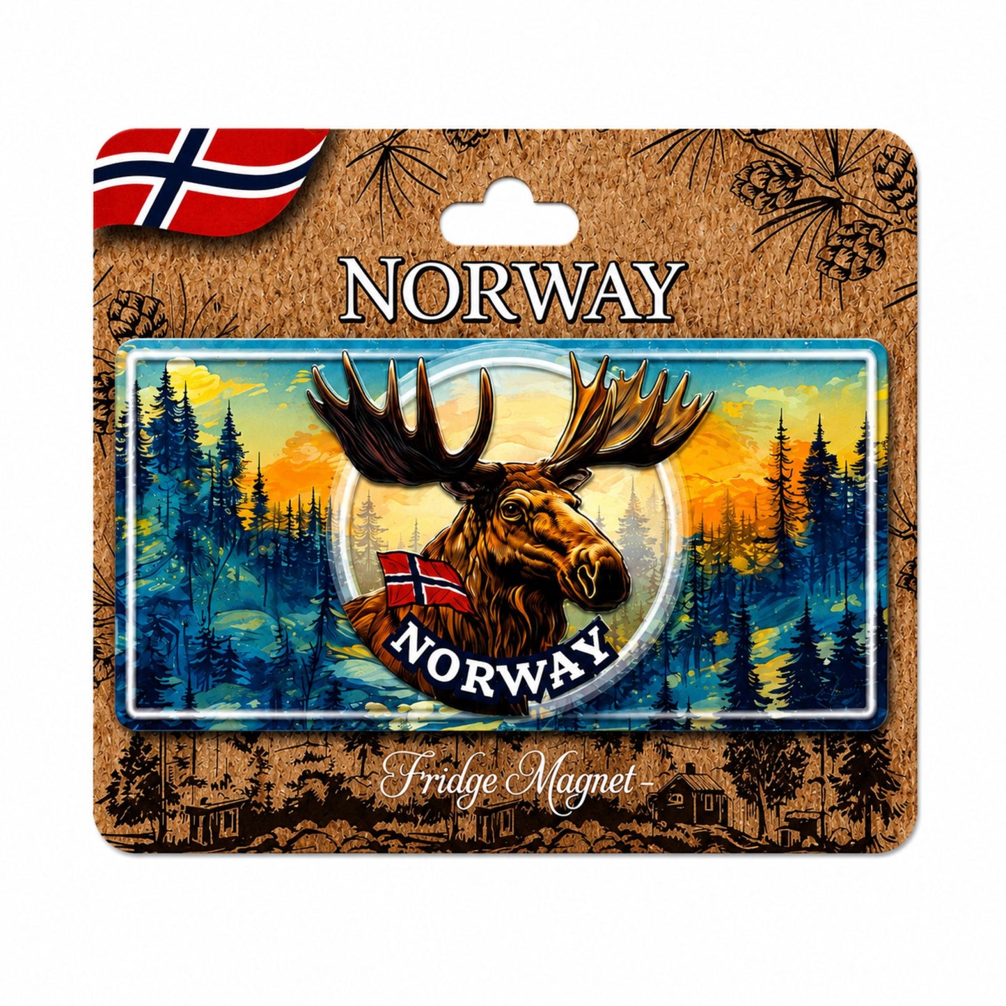 Magnet i form av en amerikansk registreringsskylt med motiv av ett älghuvud, norska flaggan och texten "Norway" med skog i bakgrunden. Visas här på brun header med Norska flaggan och texterna "Norway" och "Fridge Magnet". 