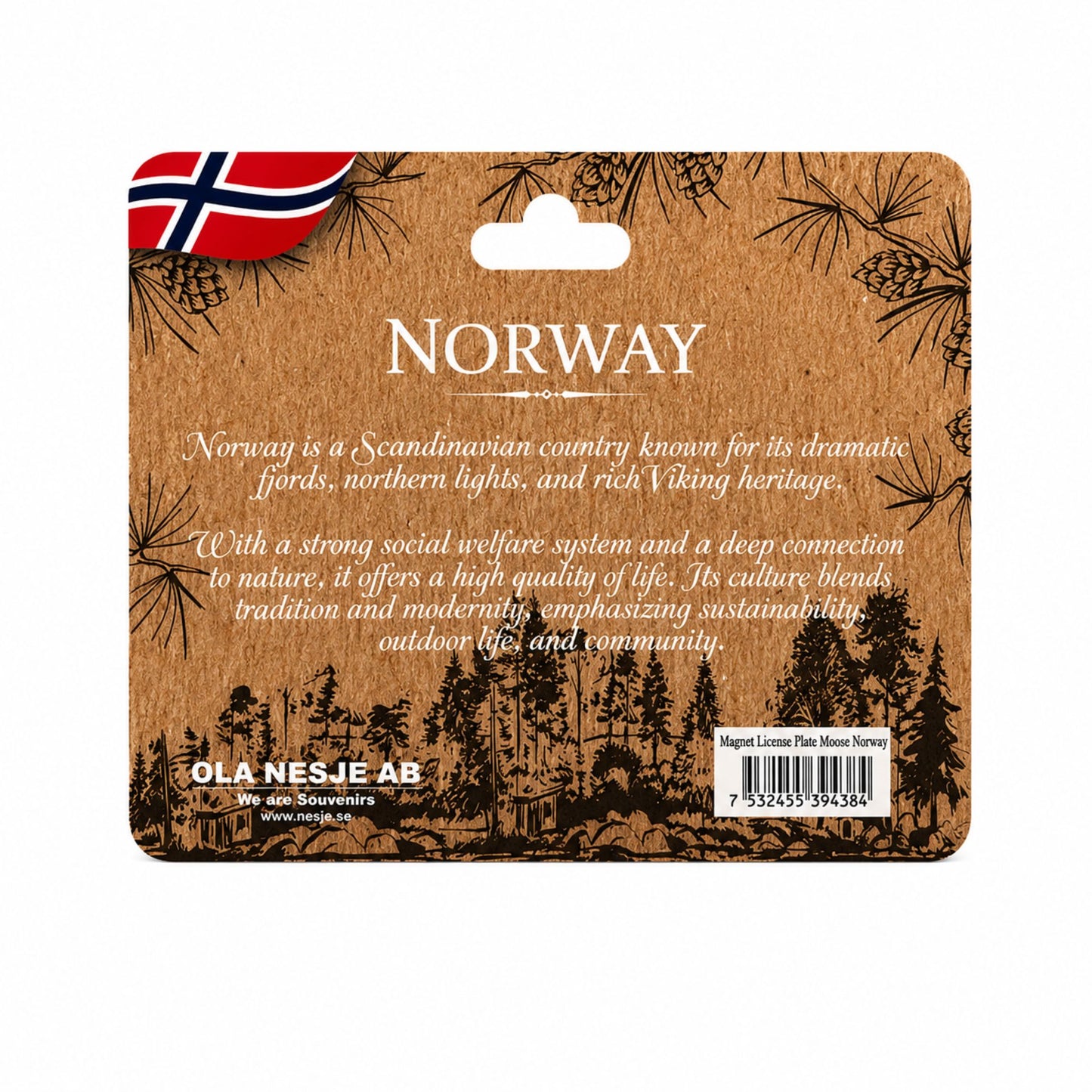 Baksidan av brun header med norska flaggan och text om Norge.