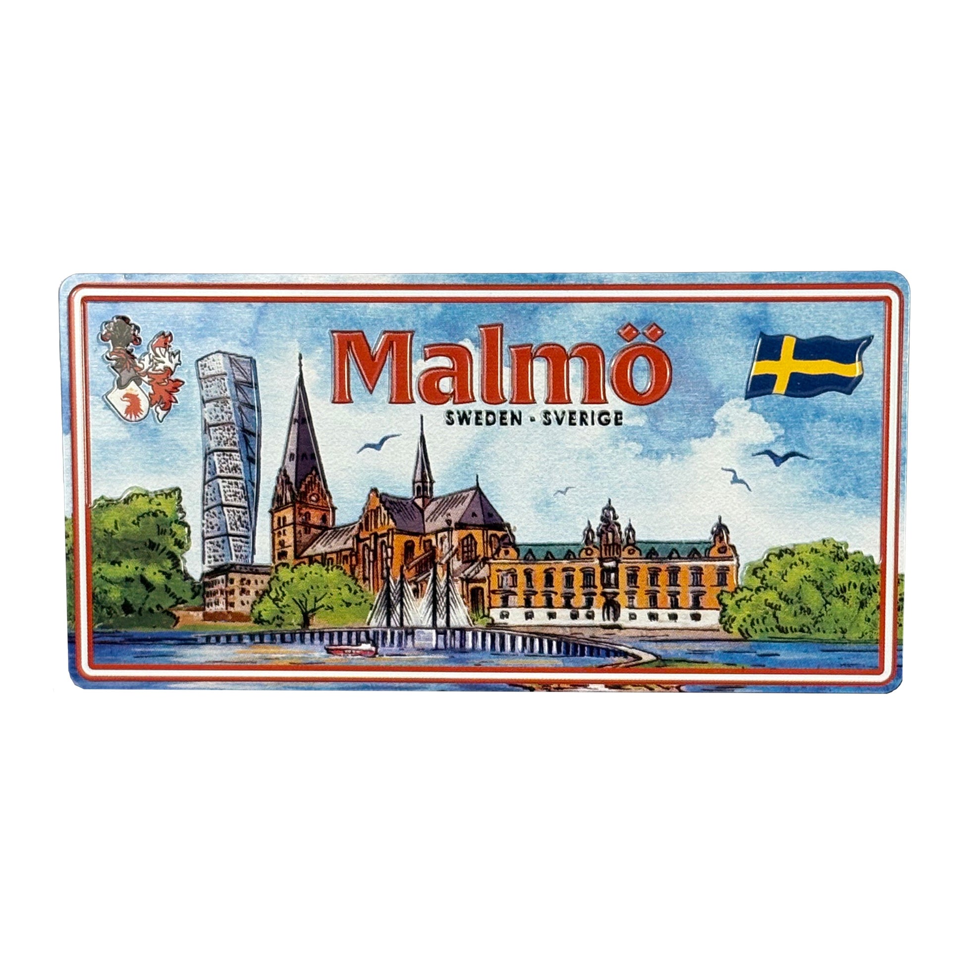 Rektangulär kylskåpsmagnet i form av en registreringsskylt med texten "Malmö" – designad i amerikansk stil med blå och vita detaljer.