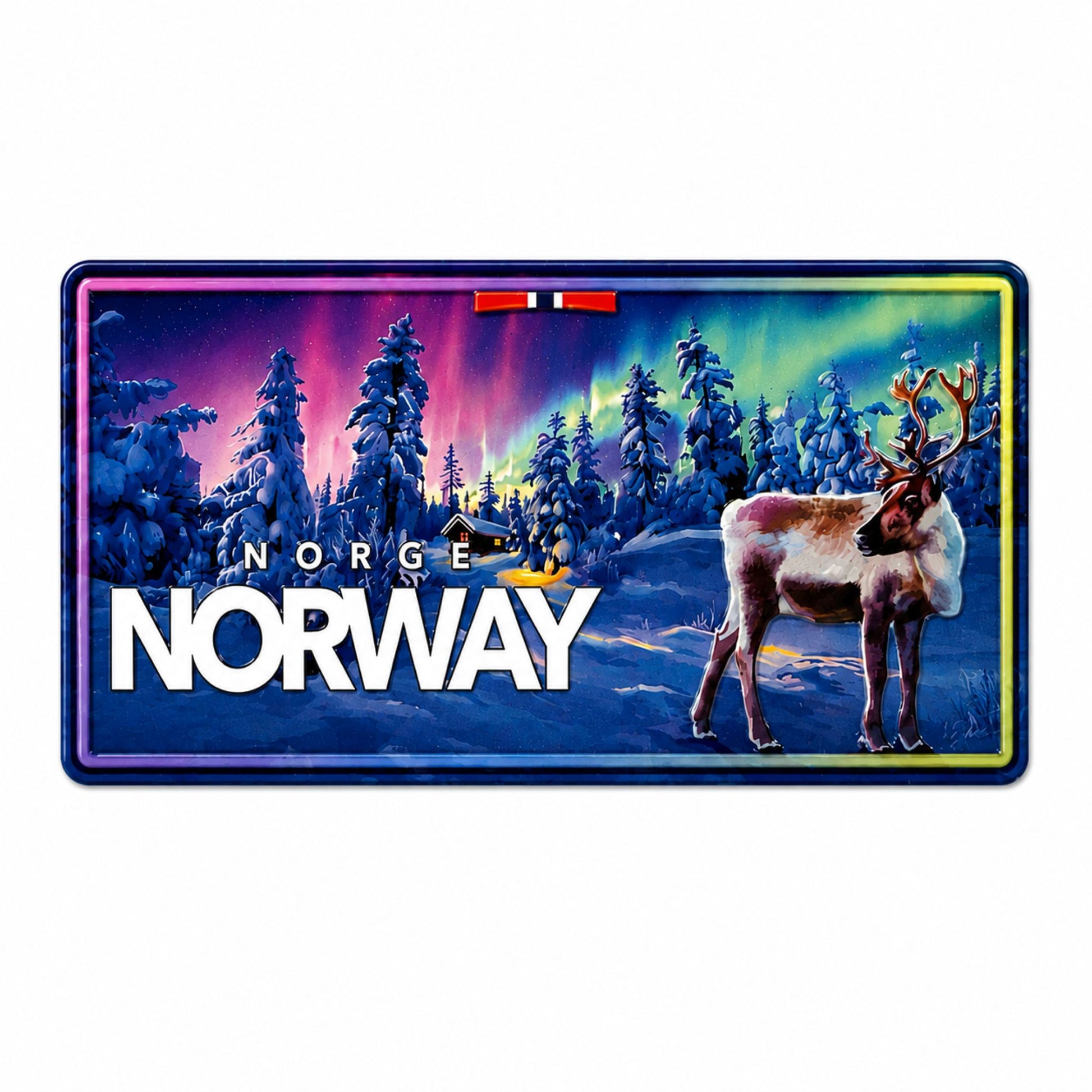 Magnet i form av en amerikansk registreringsskylt med en ren i en snötäckt skog med norrsken och texten "Norge-Norway".